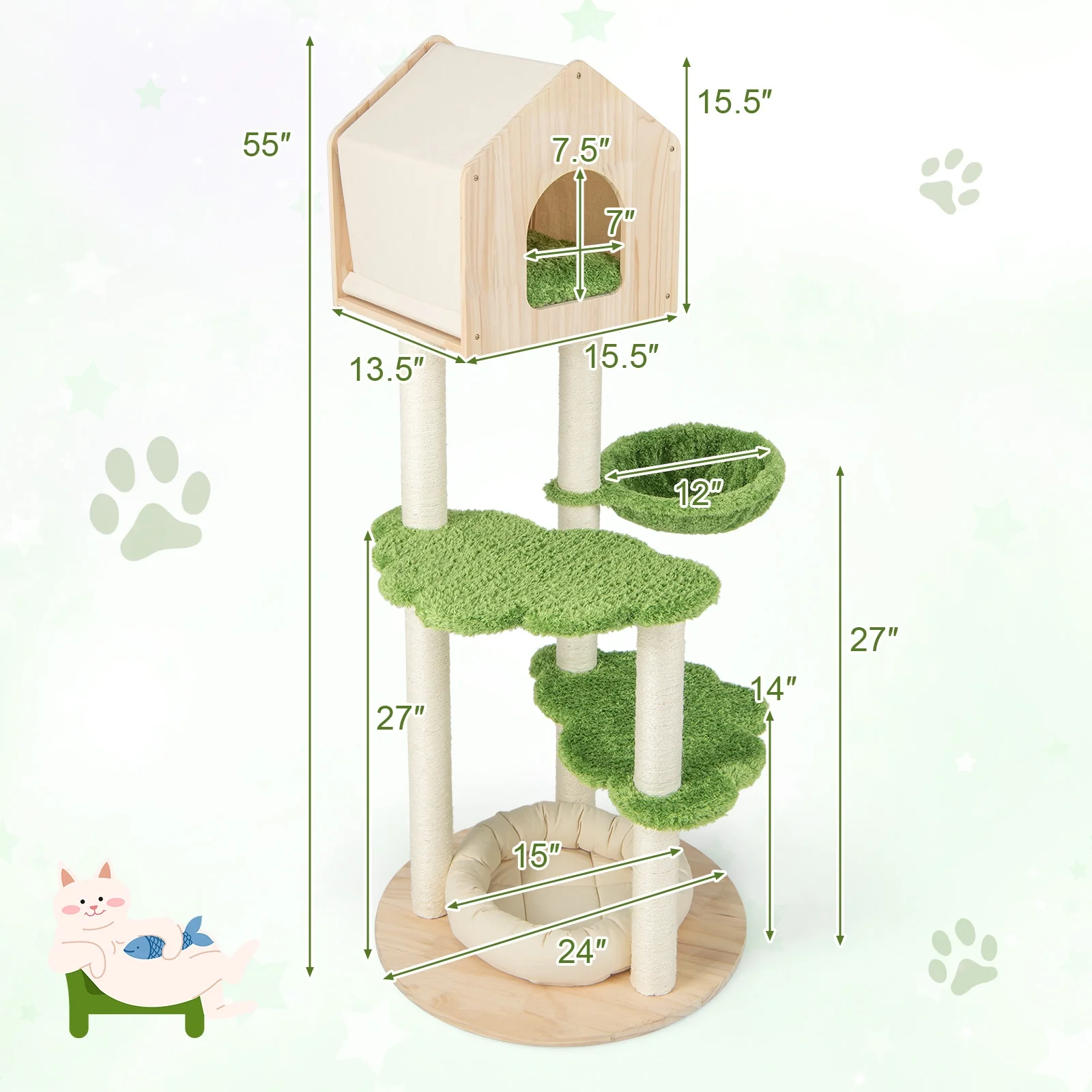 55 Inch Cat Climbing Stand, Sisal Scratching Posts, Soft Bed, Green - Image 6