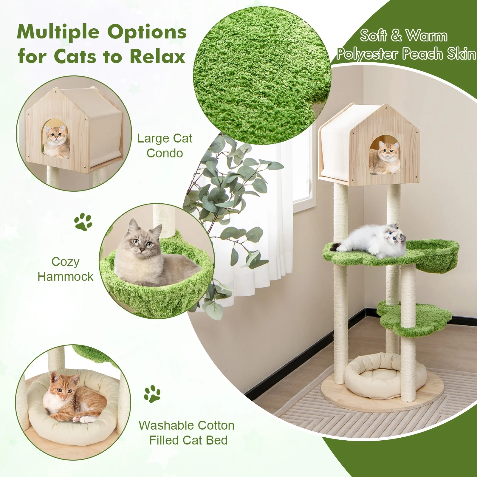 55 Inch Cat Climbing Stand, Sisal Scratching Posts, Soft Bed, Green - Image 8