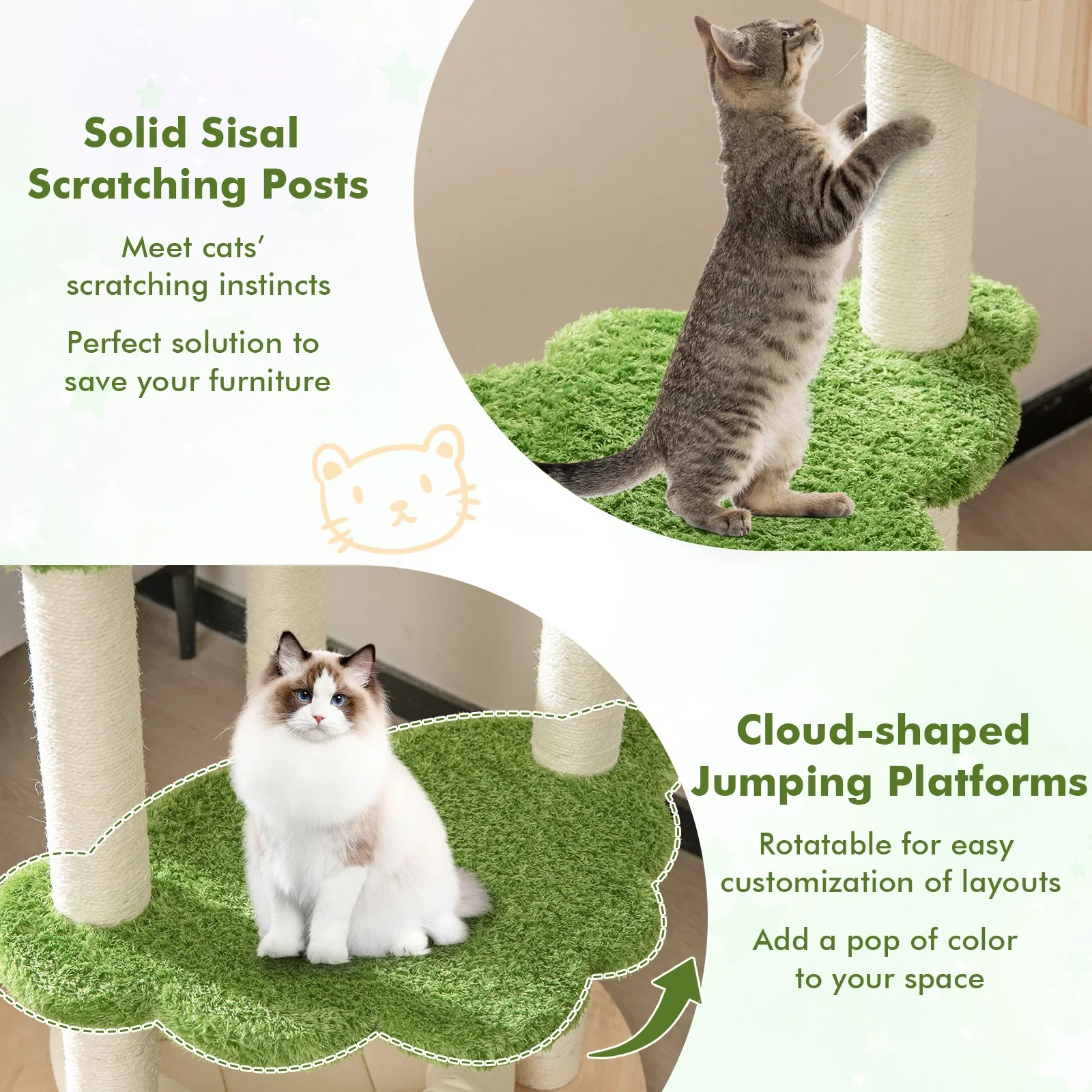 55 Inch Cat Climbing Stand, Sisal Scratching Posts, Soft Bed, Green - Image 9