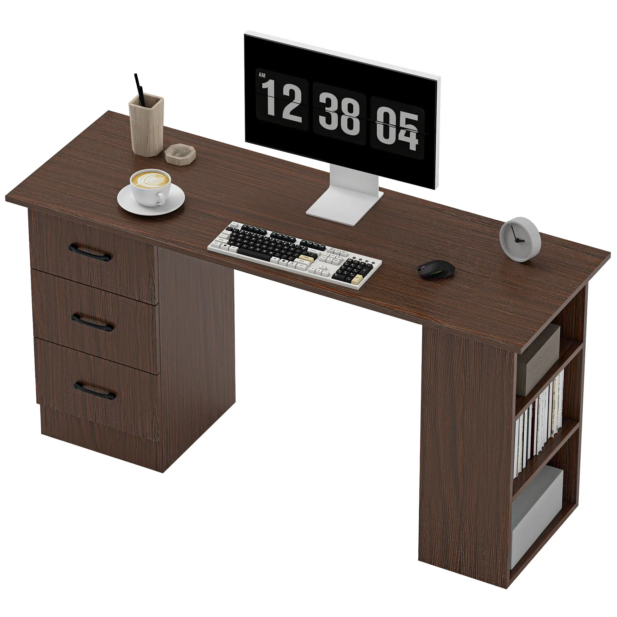 55 Inch Computer Desk, 3-Tier Shelves, 3 Reversible Drawers, Walnut