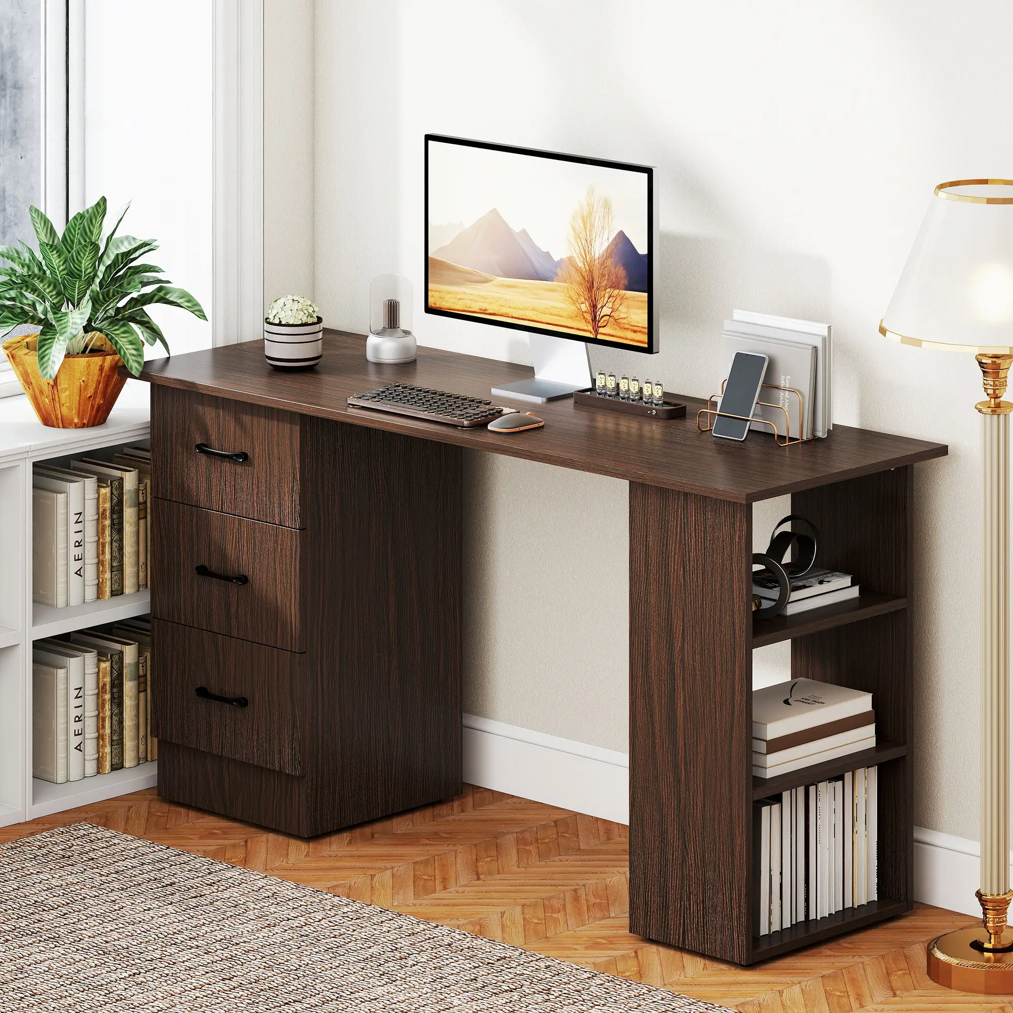 55 Inch Computer Desk, 3-Tier Shelves, 3 Reversible Drawers, Walnut - Image 10