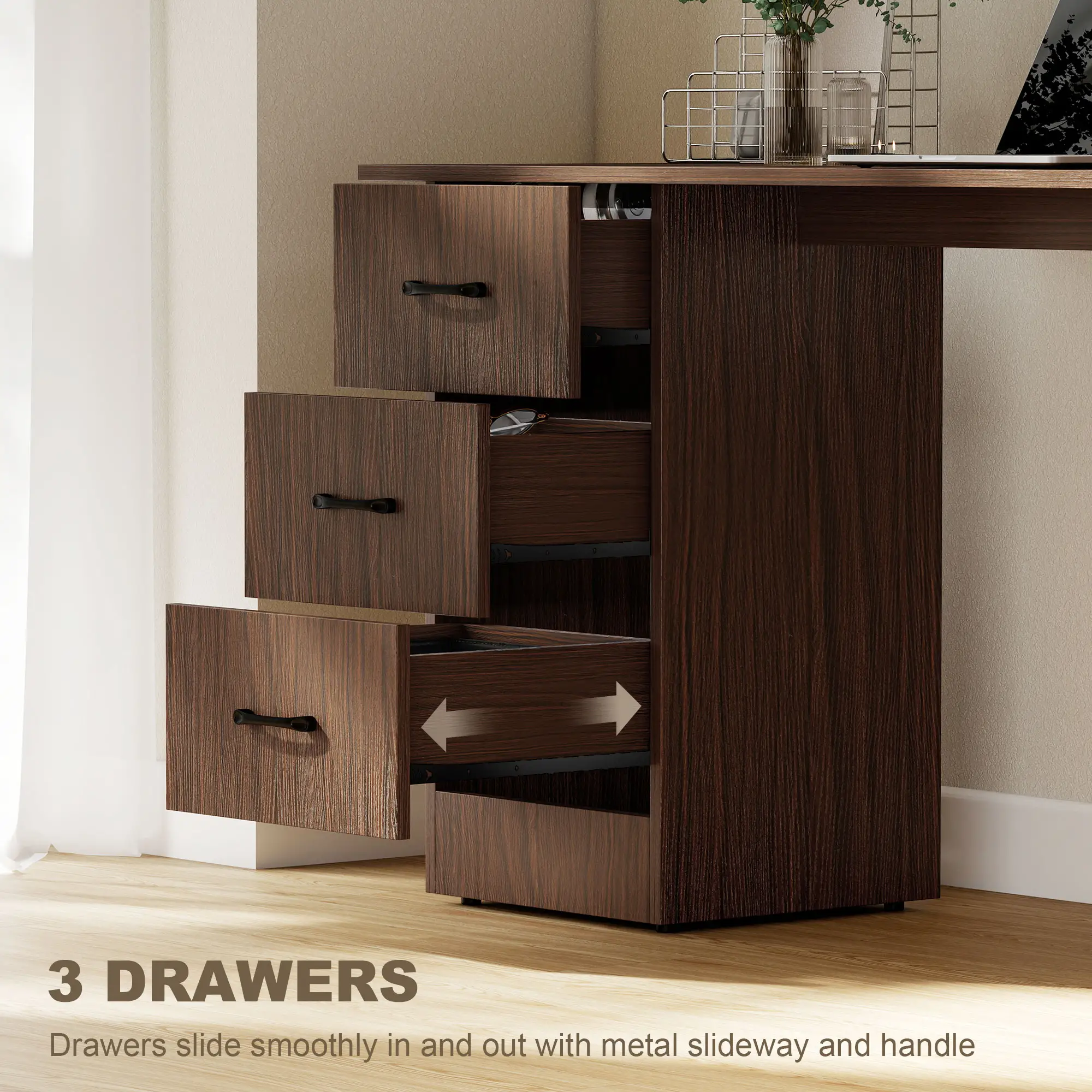 55 Inch Computer Desk, 3-Tier Shelves, 3 Reversible Drawers, Walnut - Image 5