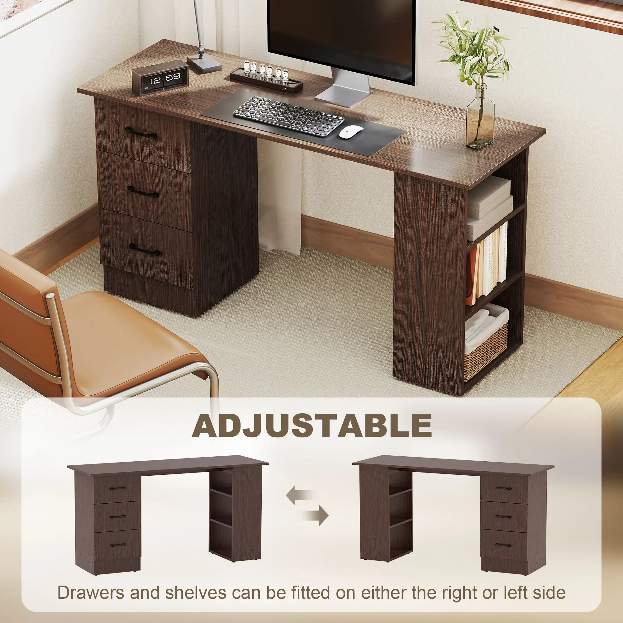 55 Inch Computer Desk, 3-Tier Shelves, 3 Reversible Drawers, Walnut - Image 6