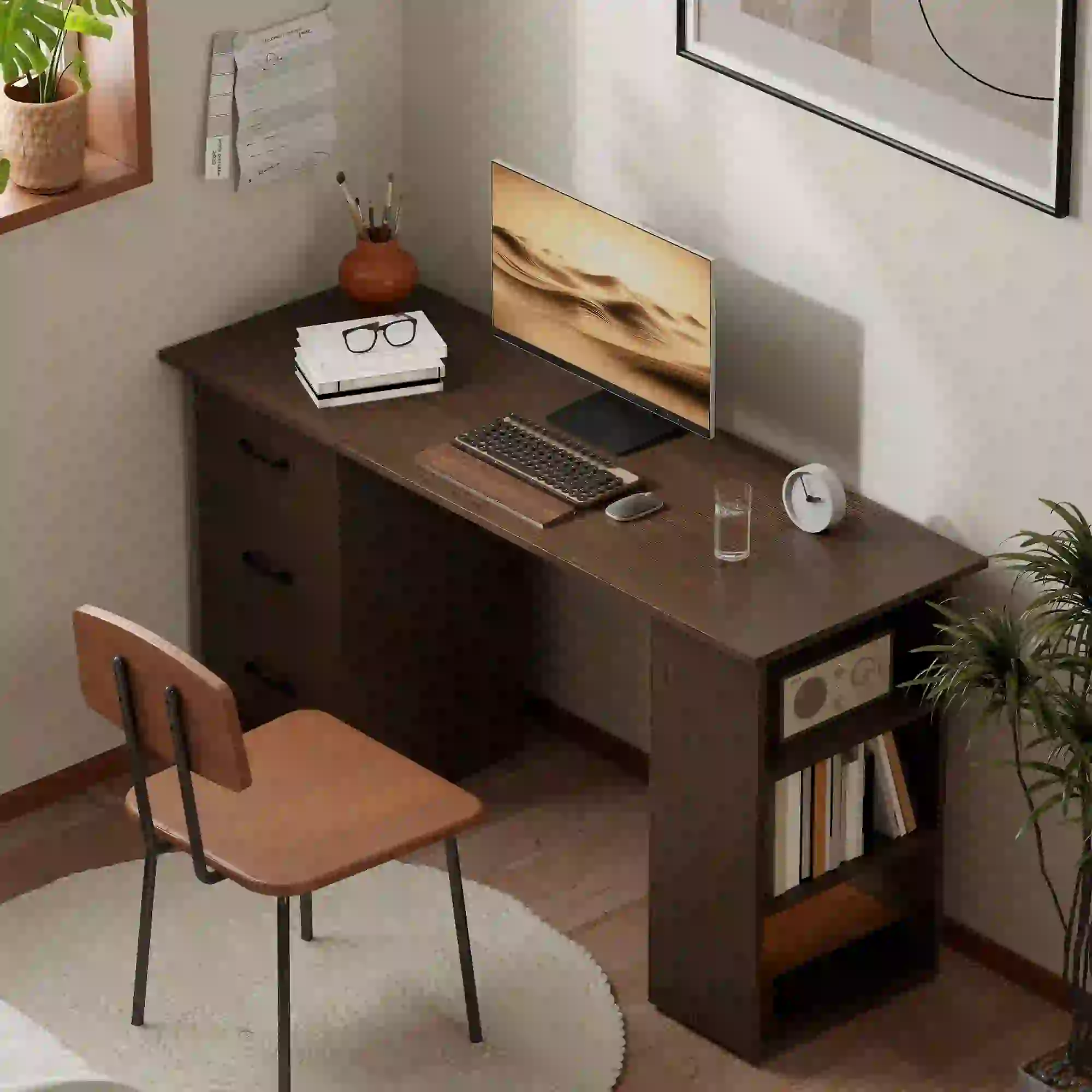 55 Inch Computer Desk, 3-Tier Shelves, 3 Reversible Drawers, Walnut - Image 7