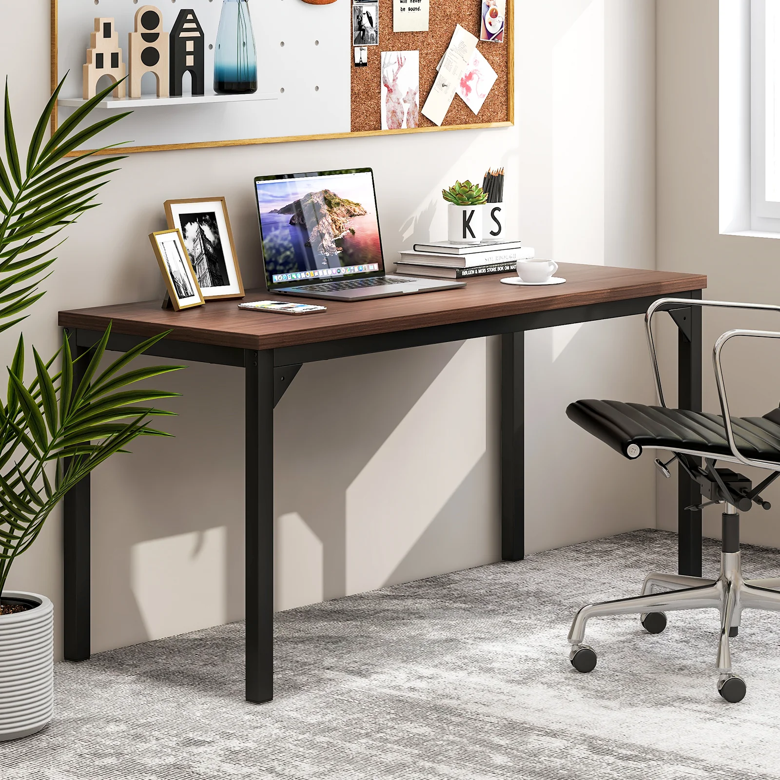 55 Inch Conference Table, Heavy-Duty Metal Frame, Brown - Image 2