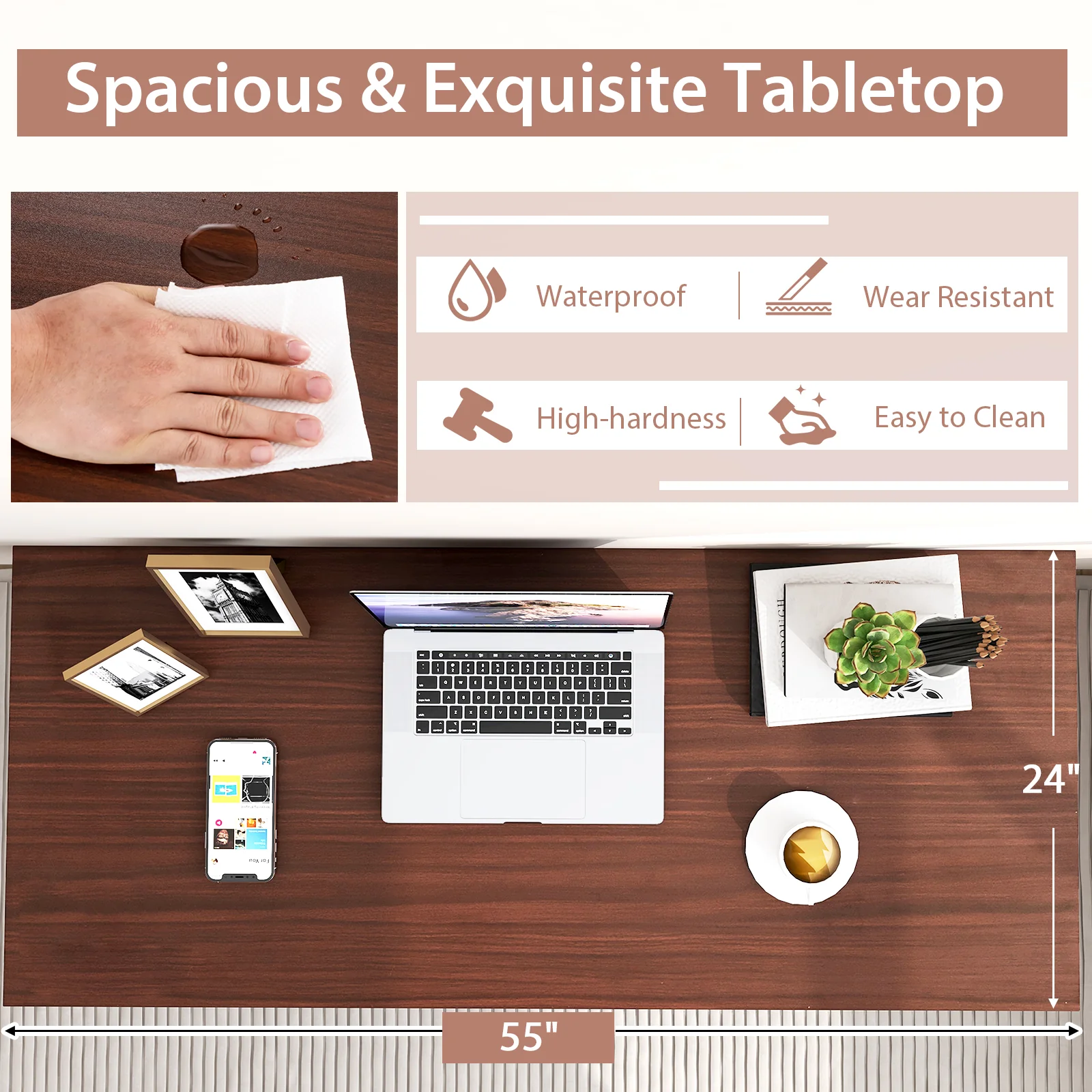 55 Inch Conference Table, Heavy-Duty Metal Frame, Brown - Image 8