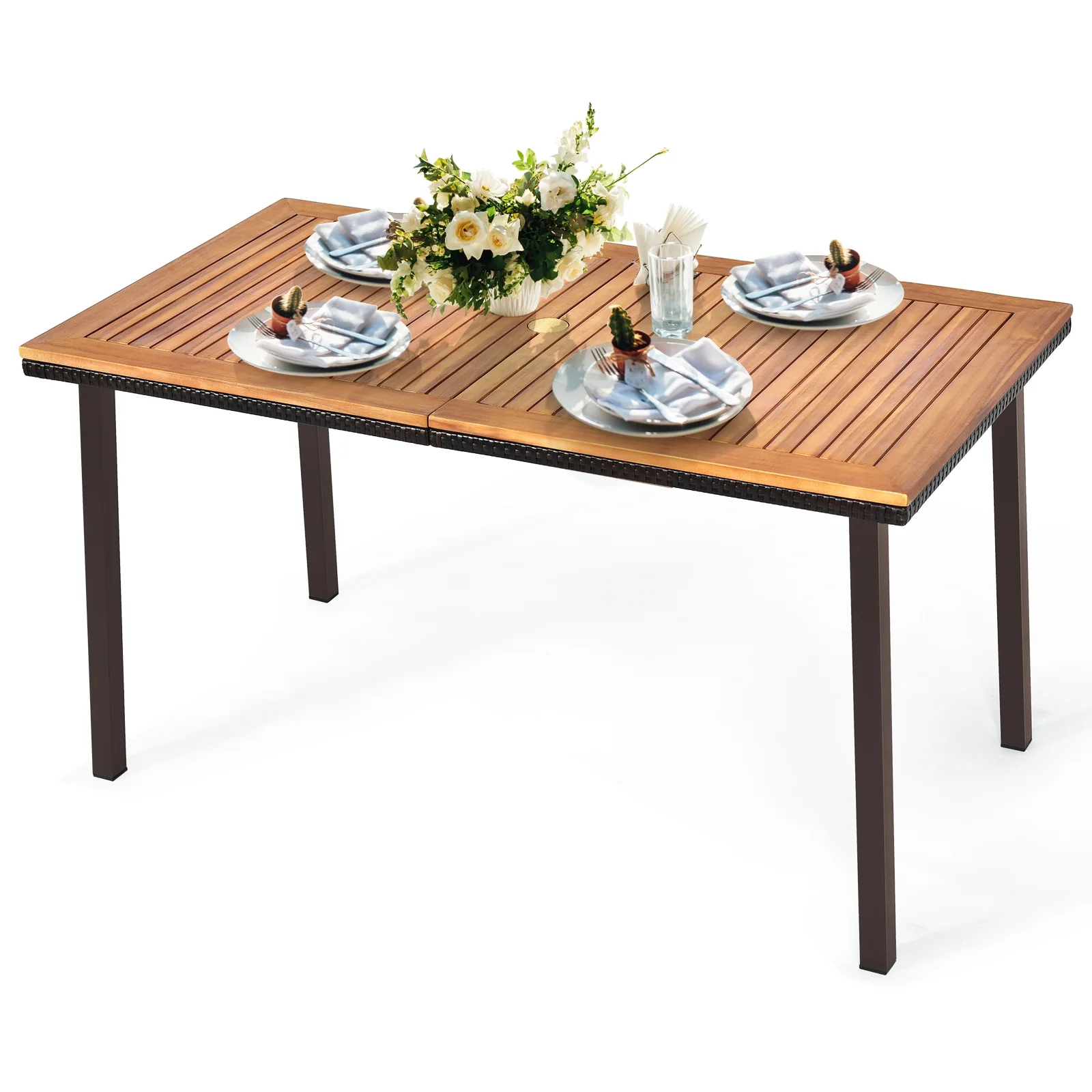 55 Inch Dining Table, Umbrella Hole, Natural, Acacia - Image 10