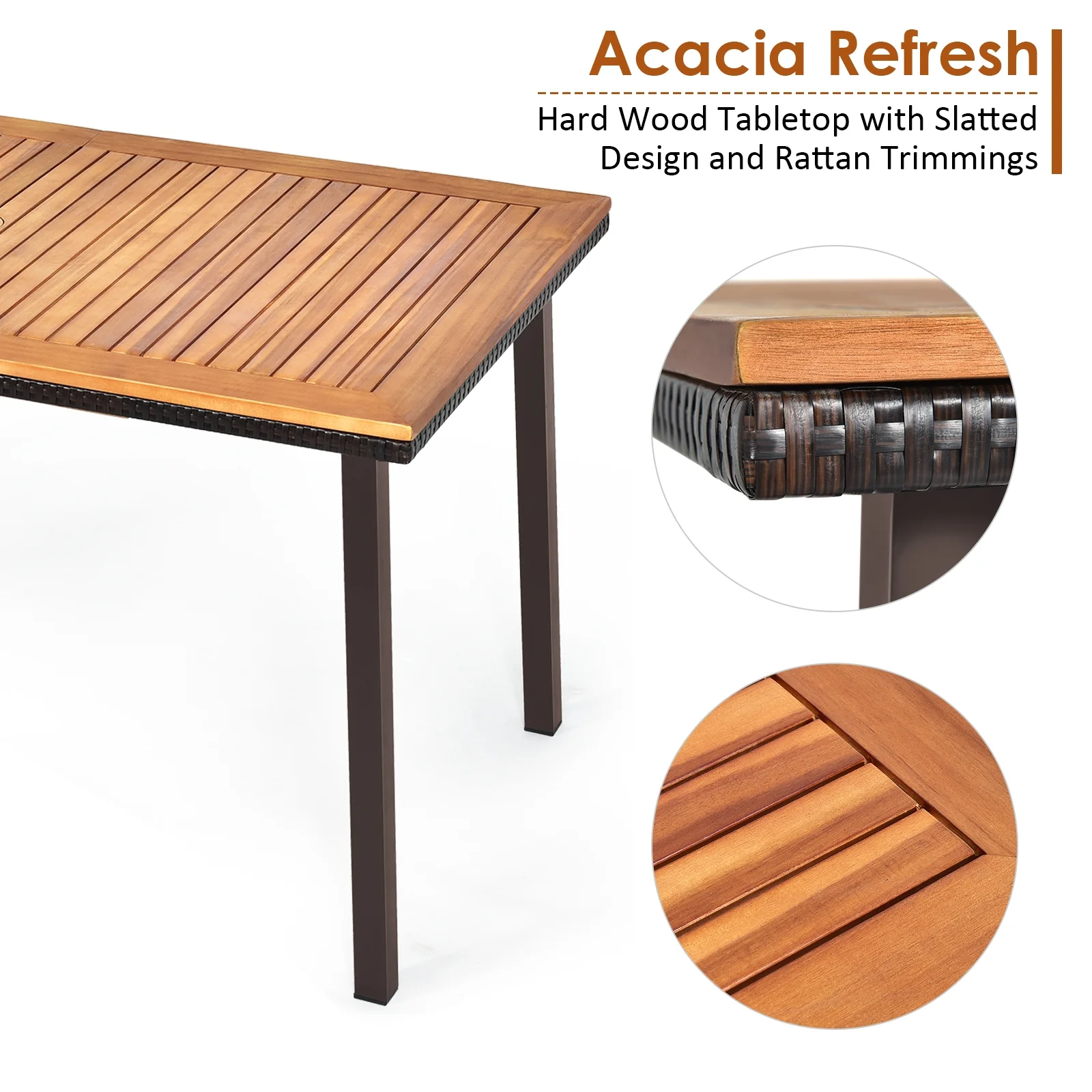 55 Inch Dining Table, Umbrella Hole, Natural, Acacia - Image 6