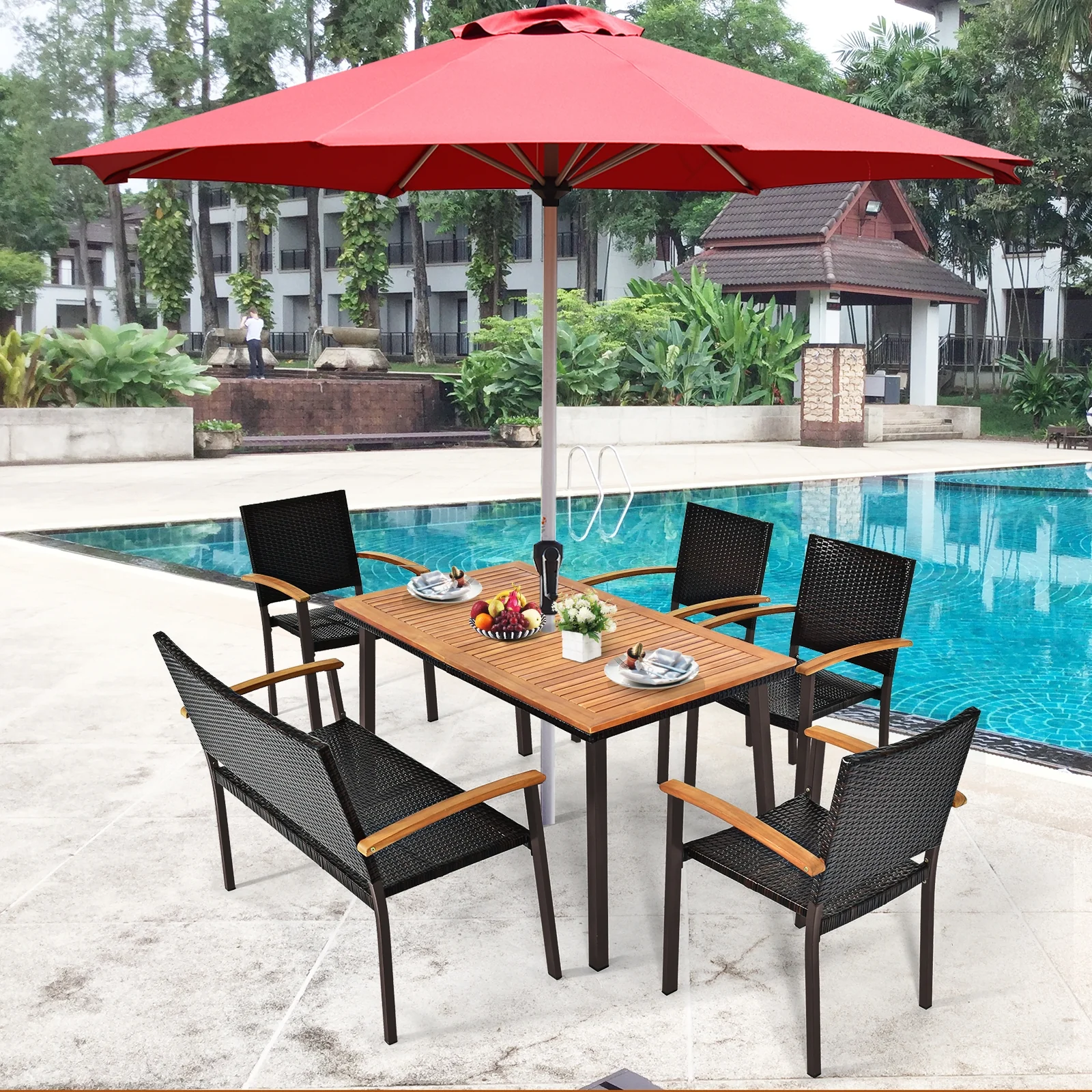55 Inch Dining Table, Umbrella Hole, Natural, Acacia - Image 7