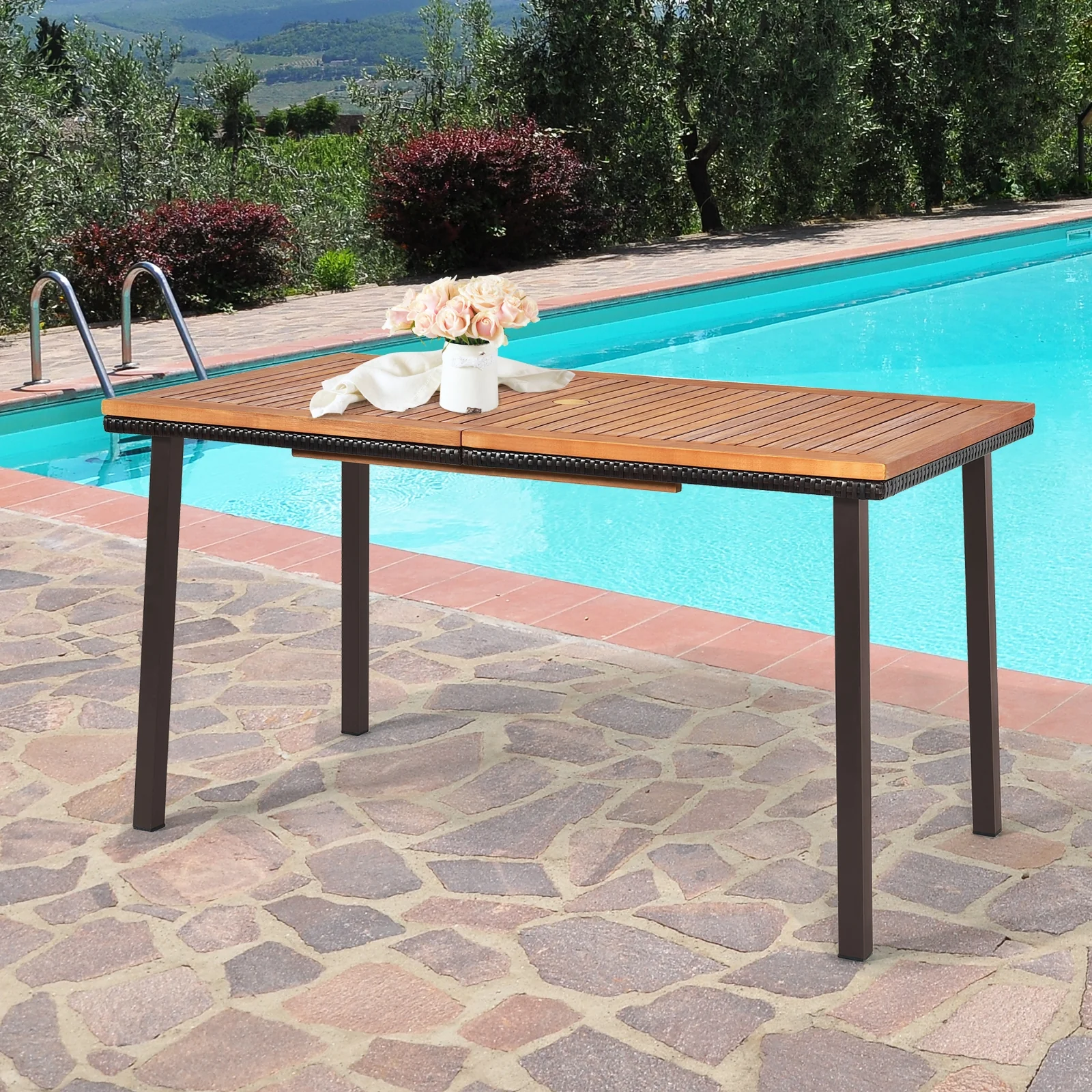 55 Inch Dining Table, Umbrella Hole, Natural, Acacia - Image 8