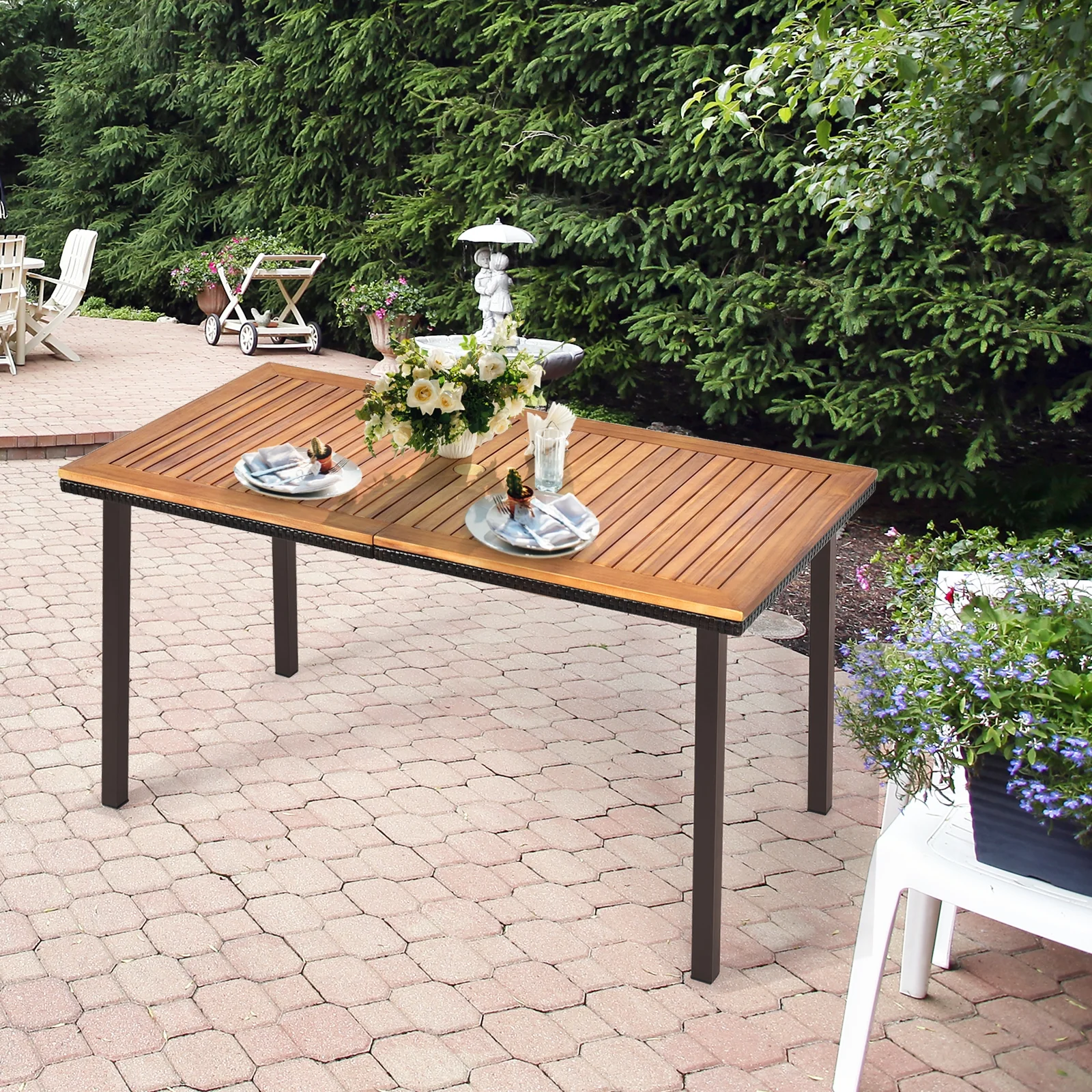 55 Inch Dining Table, Umbrella Hole, Natural, Acacia - Image 9