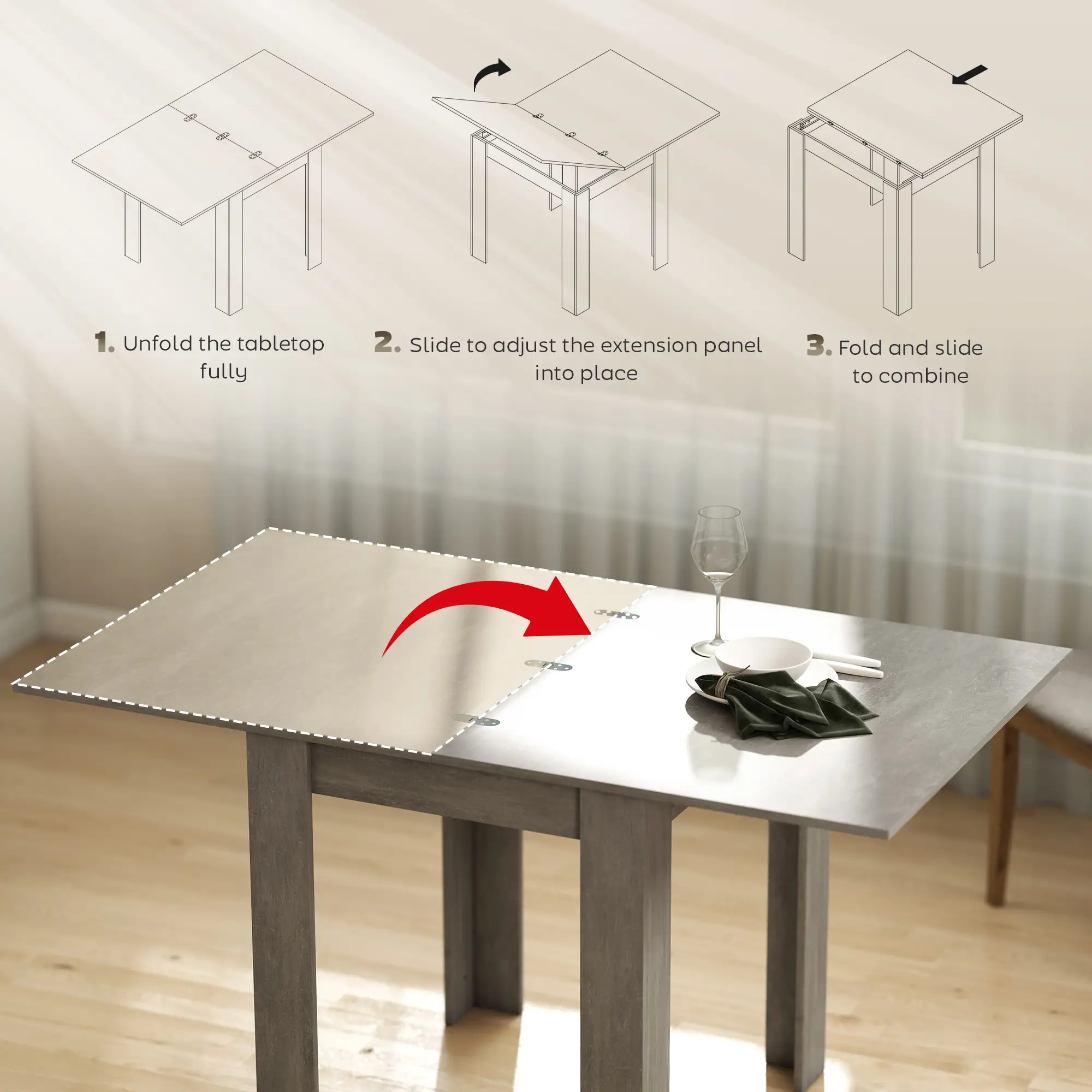 55 Inch Extendable Dining Table for 4-6 Person, Kitchen Table, Grey - Image 5