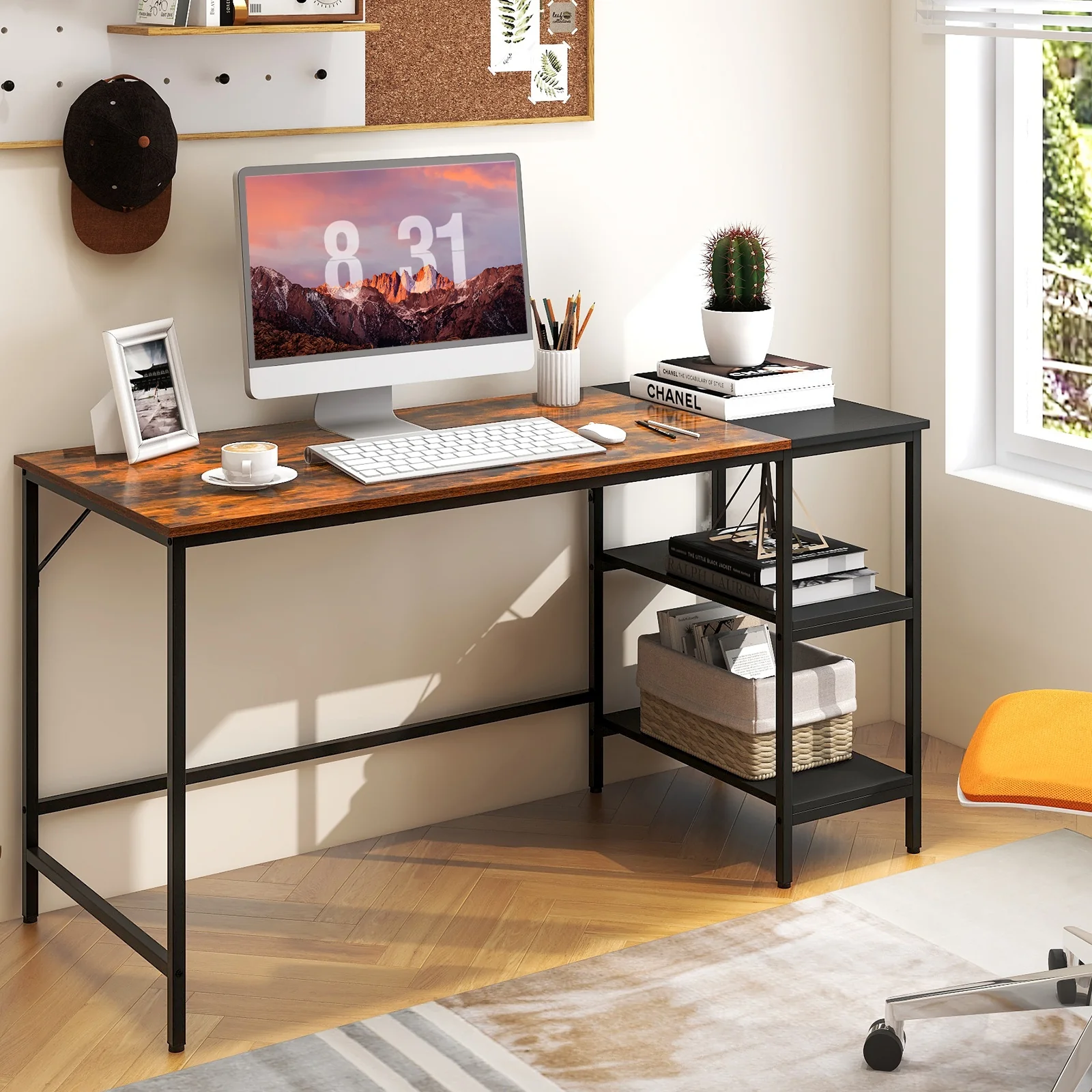 55 Inch Industrial Study Desk, 2 Storage Shelves, Rustic Brown - Image 2