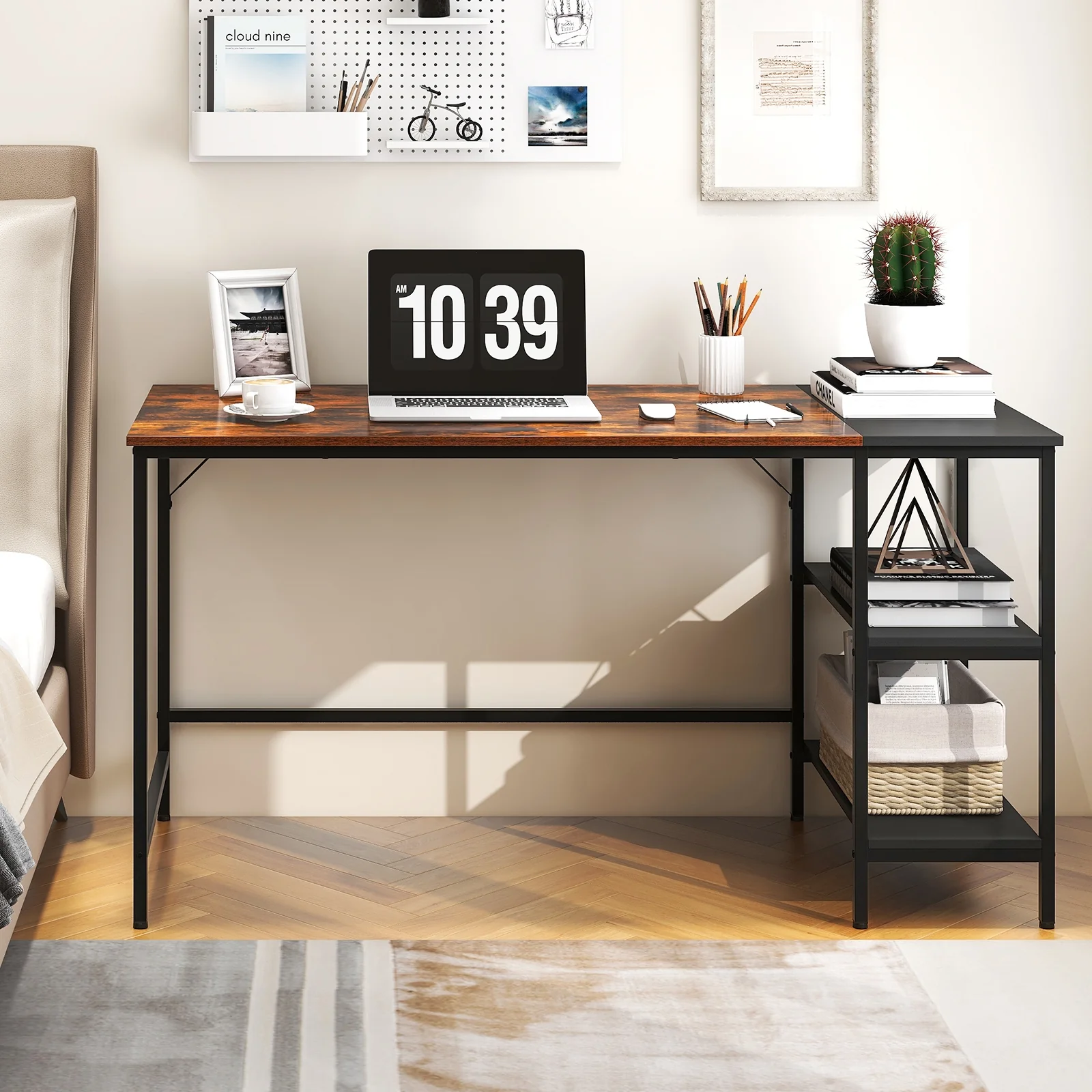 55 Inch Industrial Study Desk, 2 Storage Shelves, Rustic Brown - Image 3