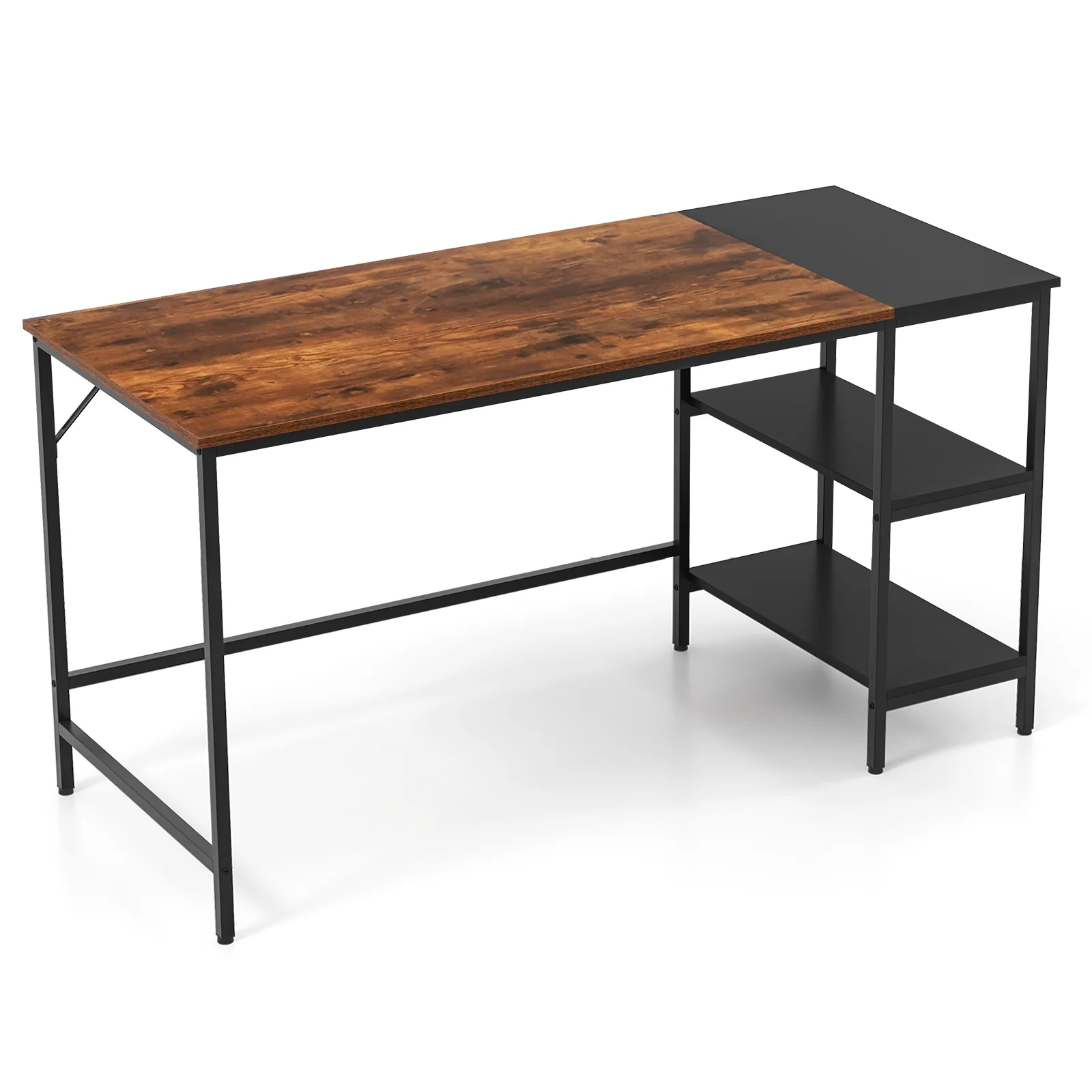 55 Inch Industrial Study Desk, 2 Storage Shelves, Rustic Brown - Image 4