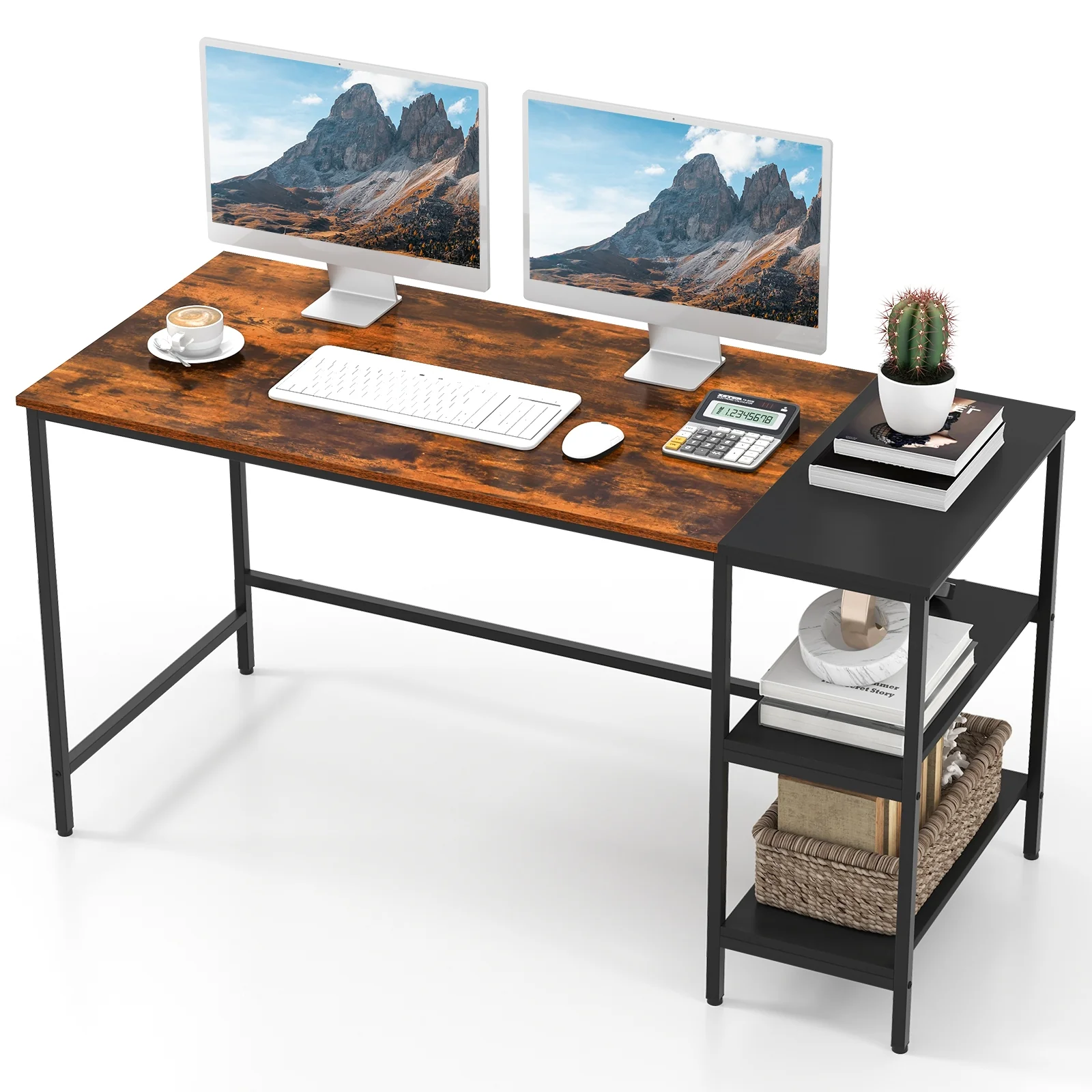 55 Inch Industrial Study Desk, 2 Storage Shelves, Rustic Brown - Image 5