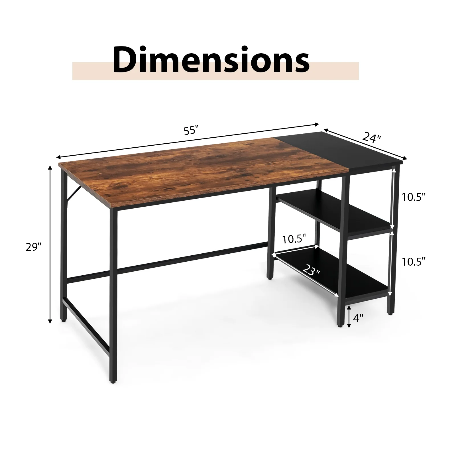 55 Inch Industrial Study Desk, 2 Storage Shelves, Rustic Brown - Image 6