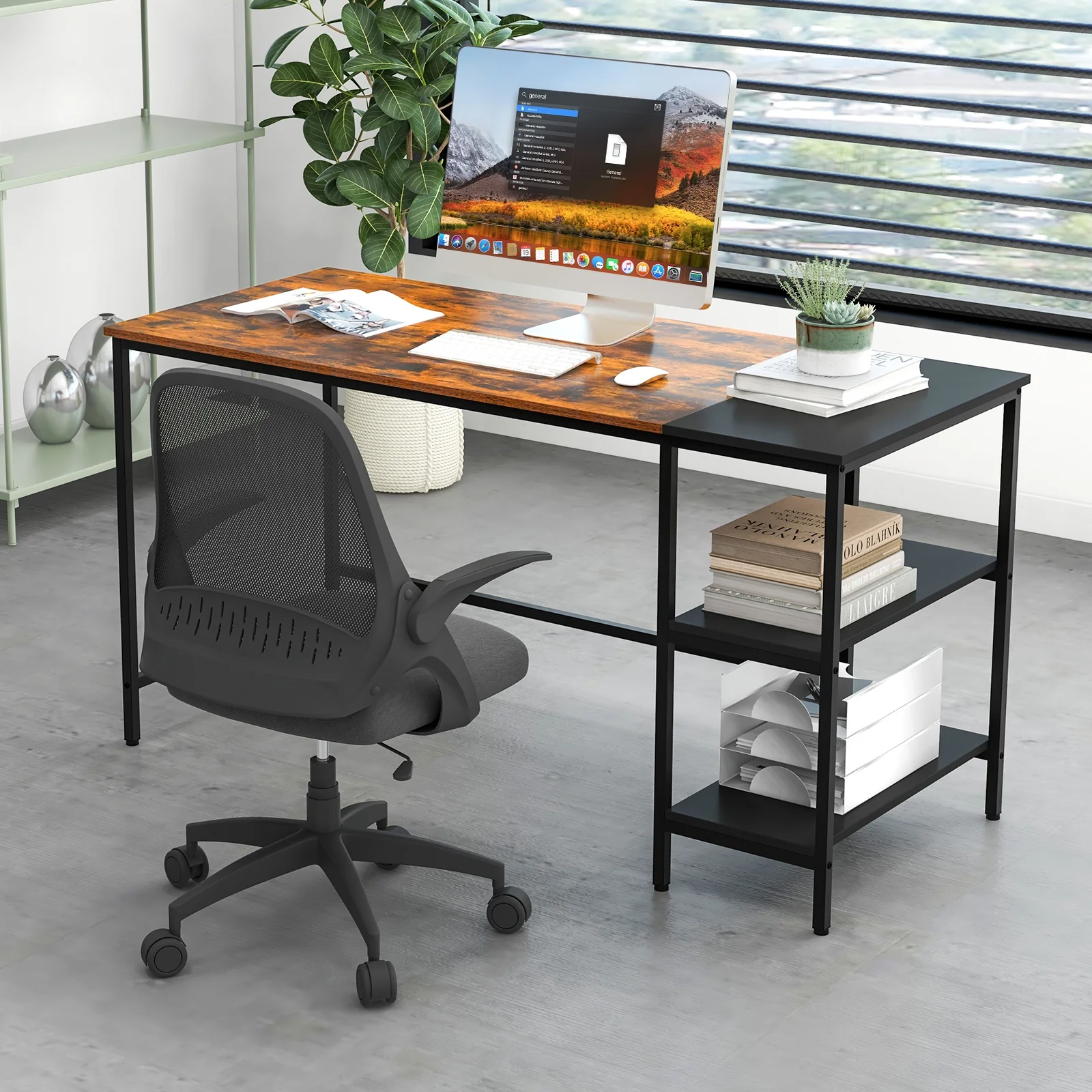 55 Inch Industrial Study Desk, 2 Storage Shelves, Rustic Brown - Image 7