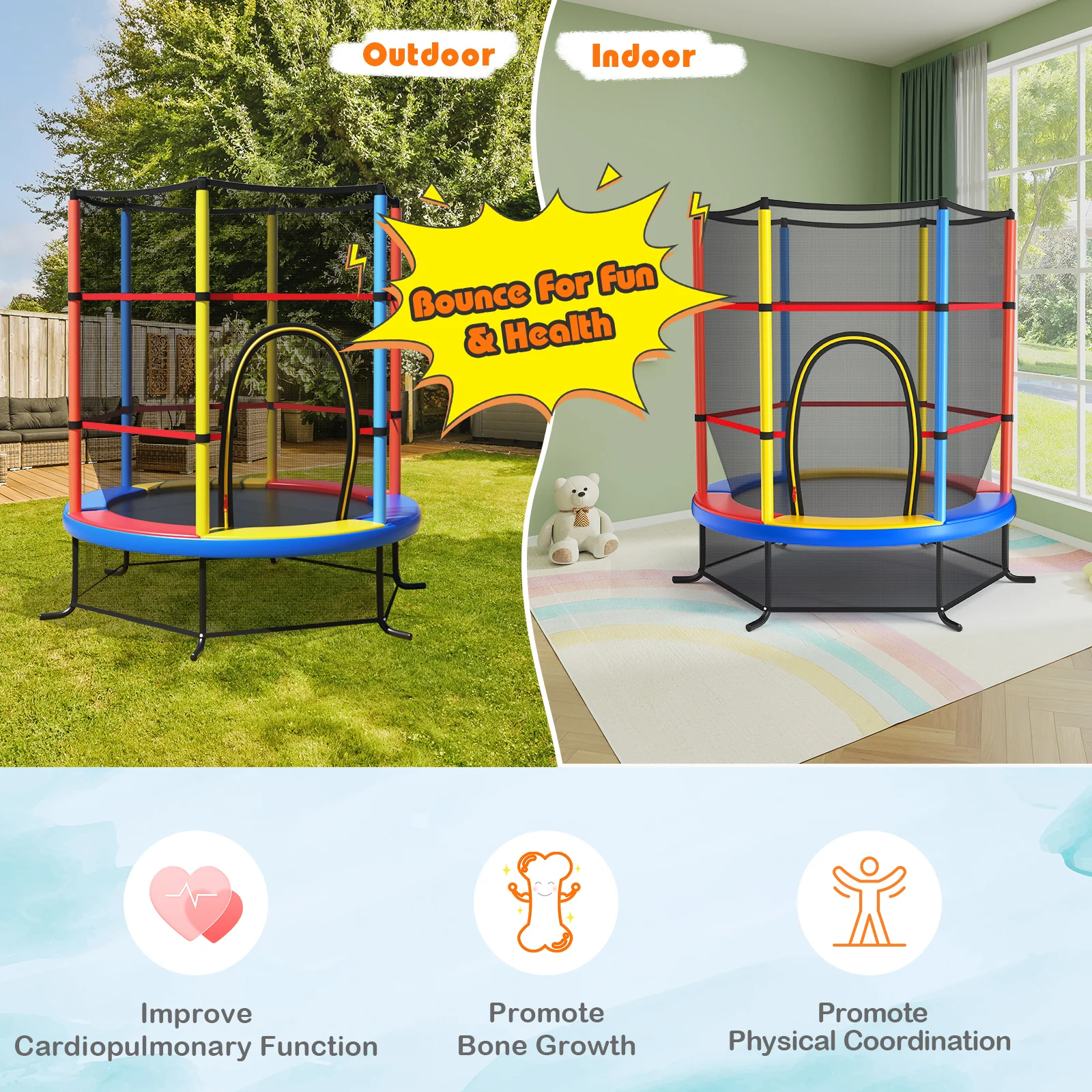 55 Inch Kids Trampoline, With Enclosure Net, Yellow - Image 9