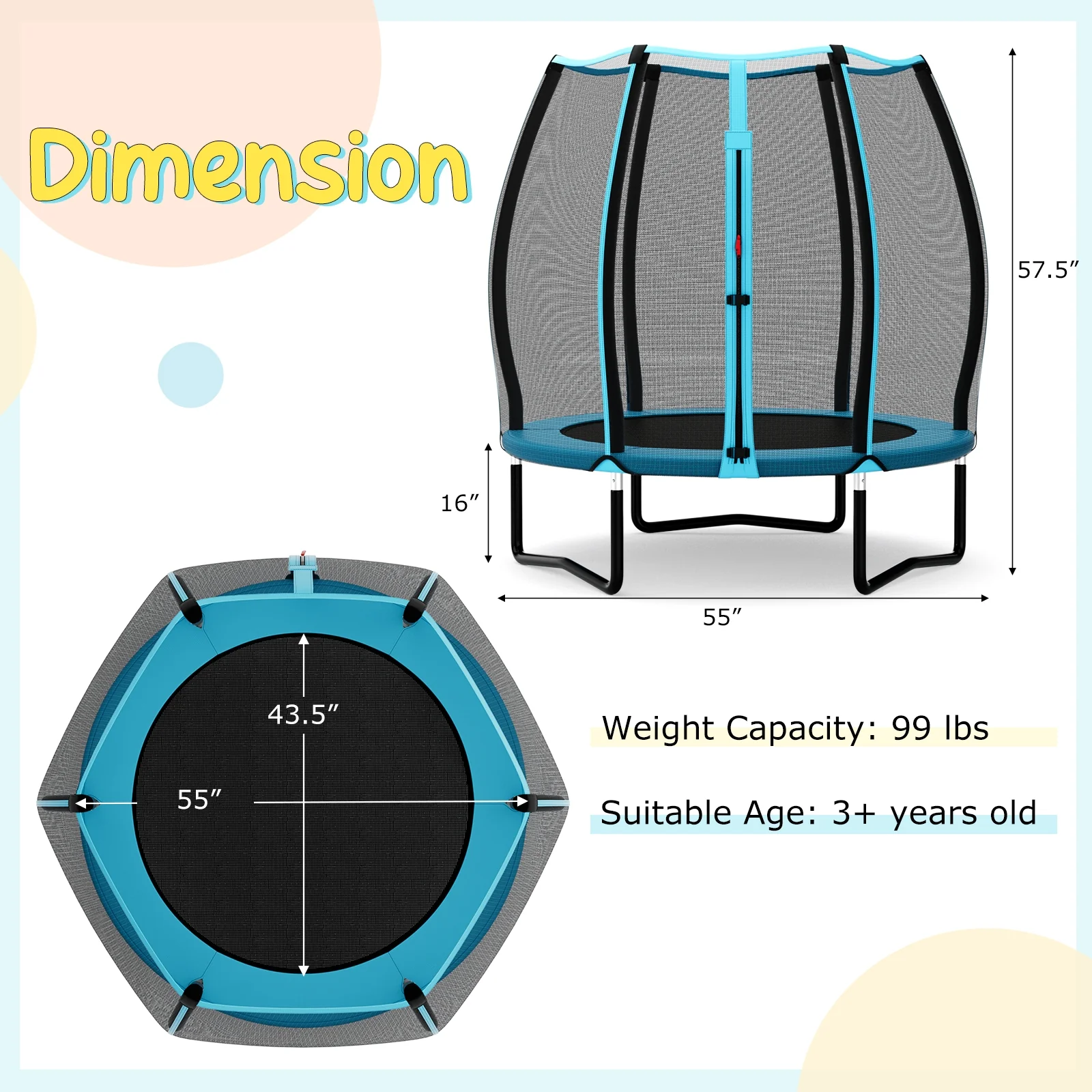 55 Inch Kids Trampoline With Safety Enclosure Net, Blue - Image 5
