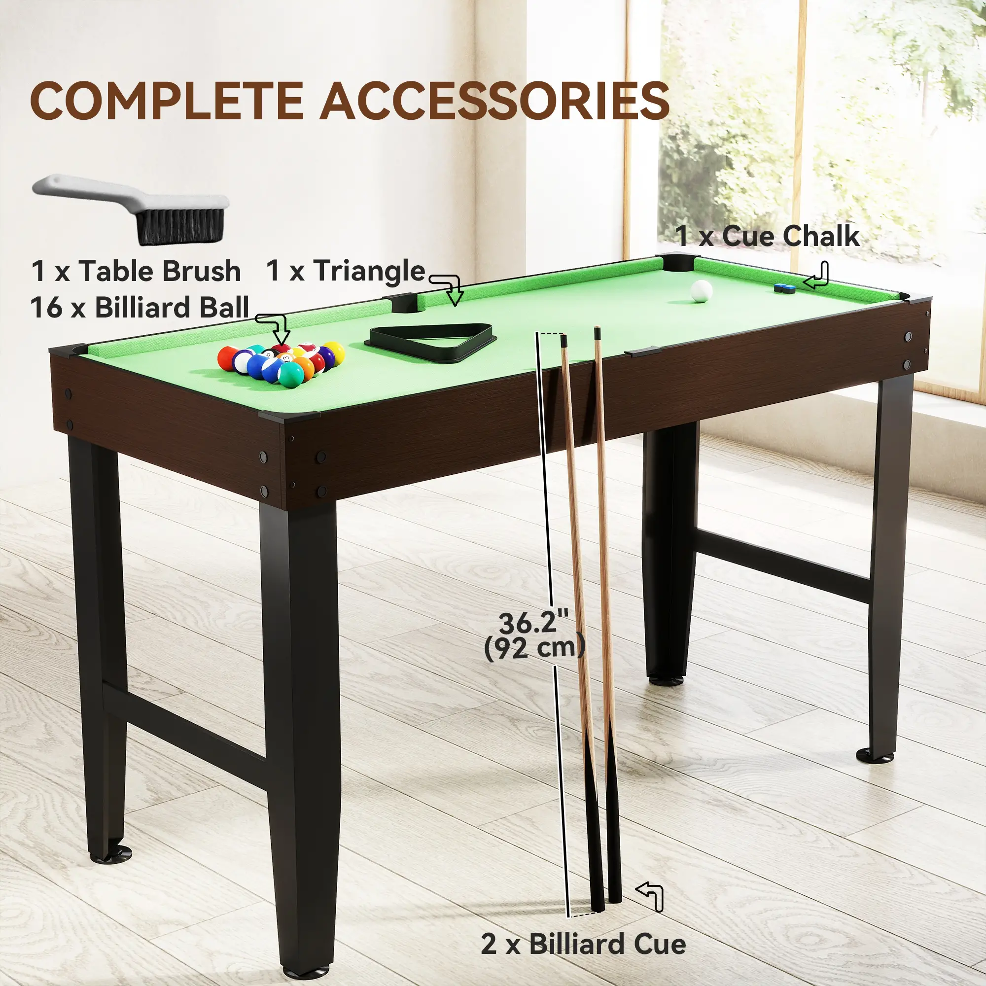 55 Inch Mini Pool Table, 2 Cues, 16 Balls, Accessories, Green - Image 4