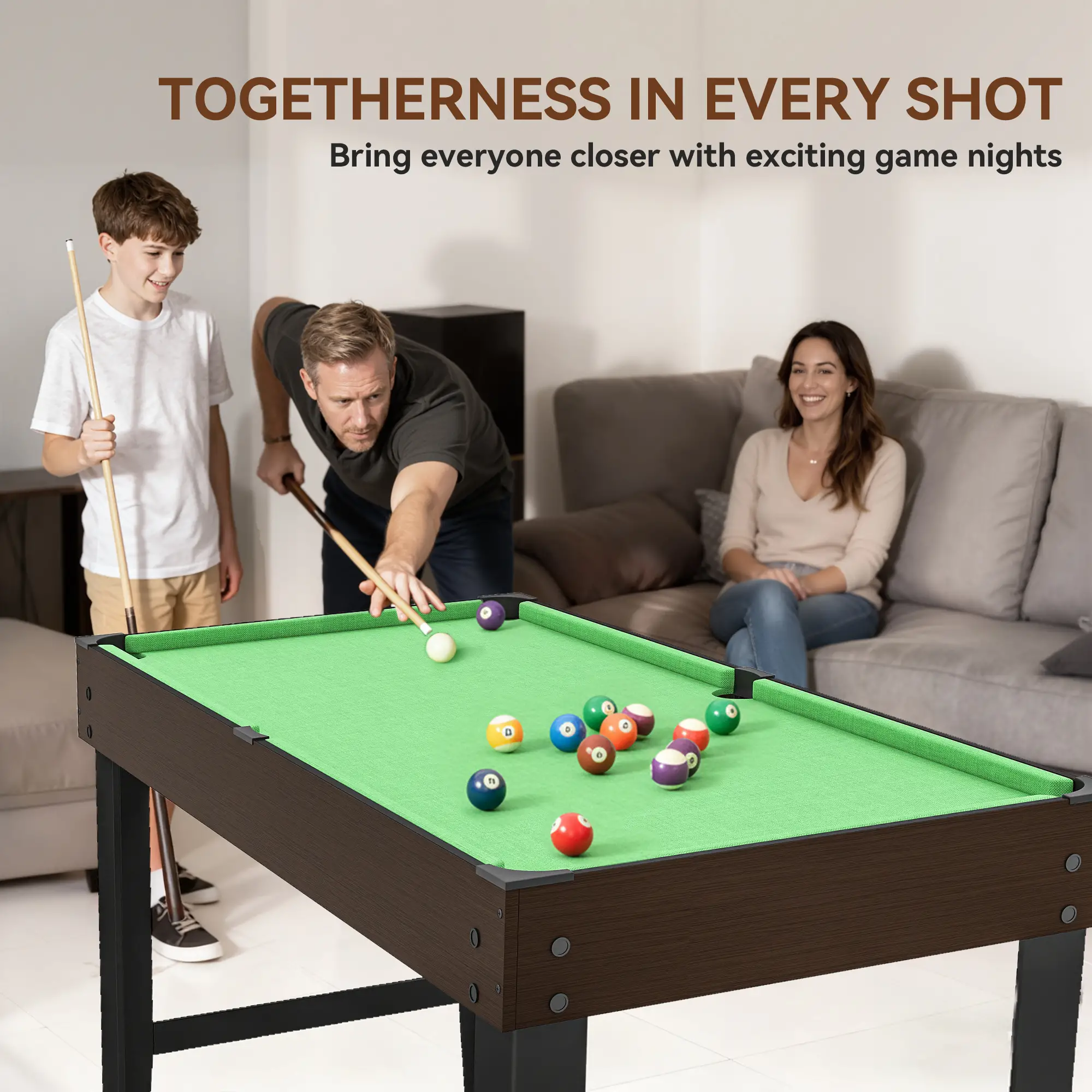 55 Inch Mini Pool Table, 2 Cues, 16 Balls, Accessories, Green - Image 6