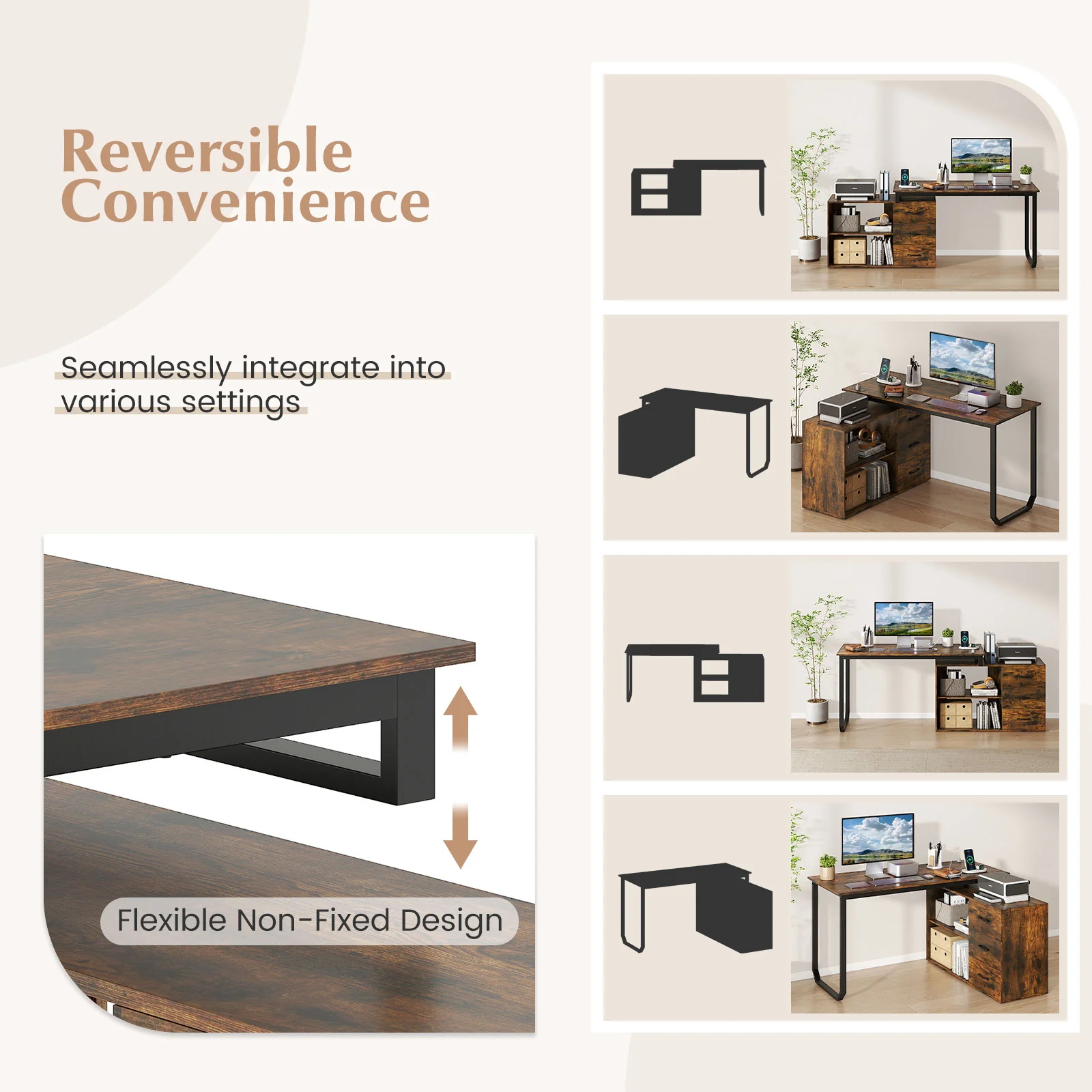 55 Inch Reversible L Shaped Desk with 3 Drawers Home Office Desk with Adjustable Shelf, Rustic Brown - Image 10
