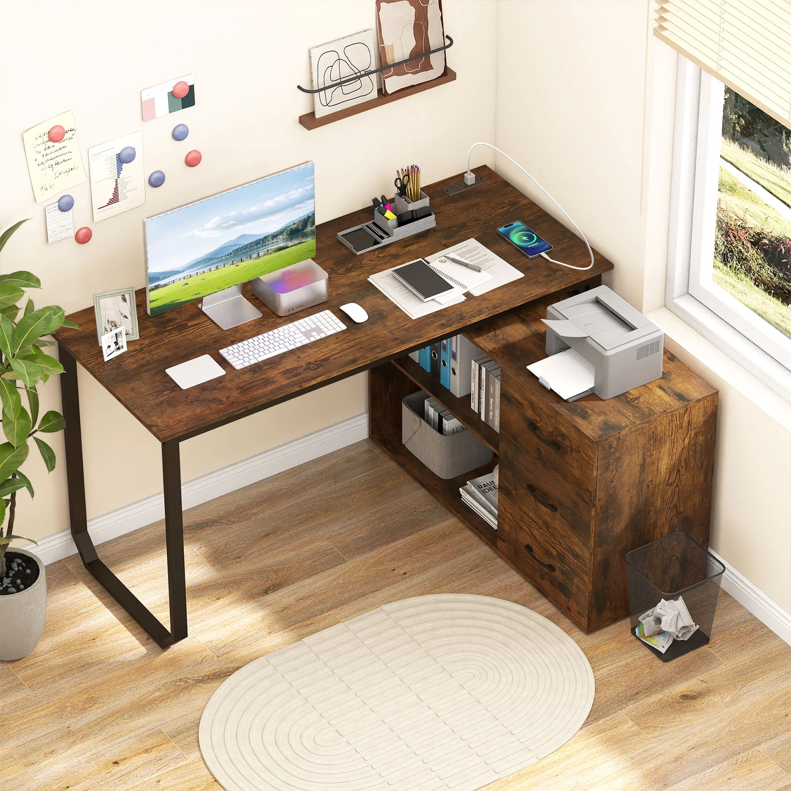 55 Inch Reversible L Shaped Desk with 3 Drawers Home Office Desk with Adjustable Shelf, Rustic Brown - Image 2