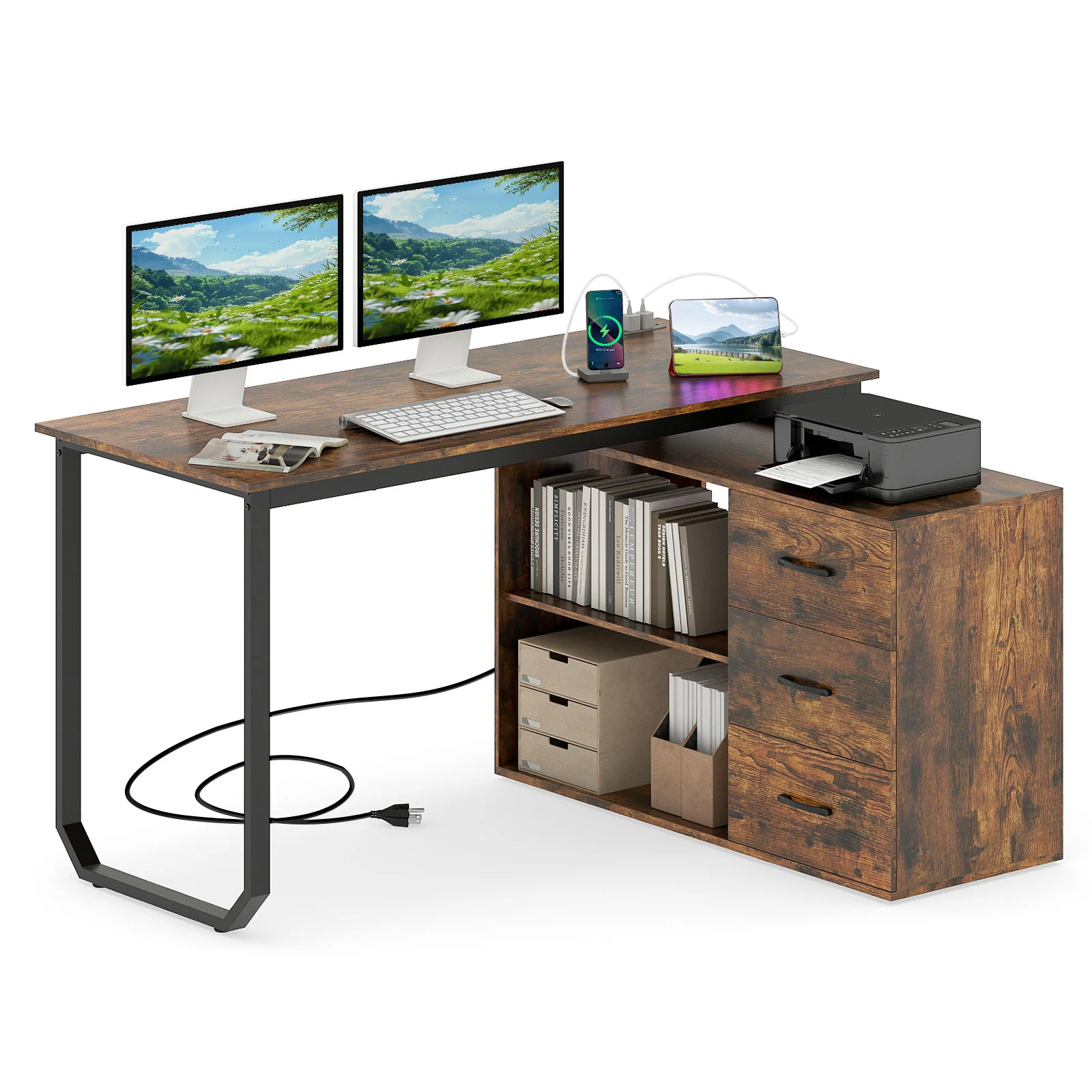 55 Inch Reversible L Shaped Desk with 3 Drawers Home Office Desk with Adjustable Shelf, Rustic Brown - Image 4