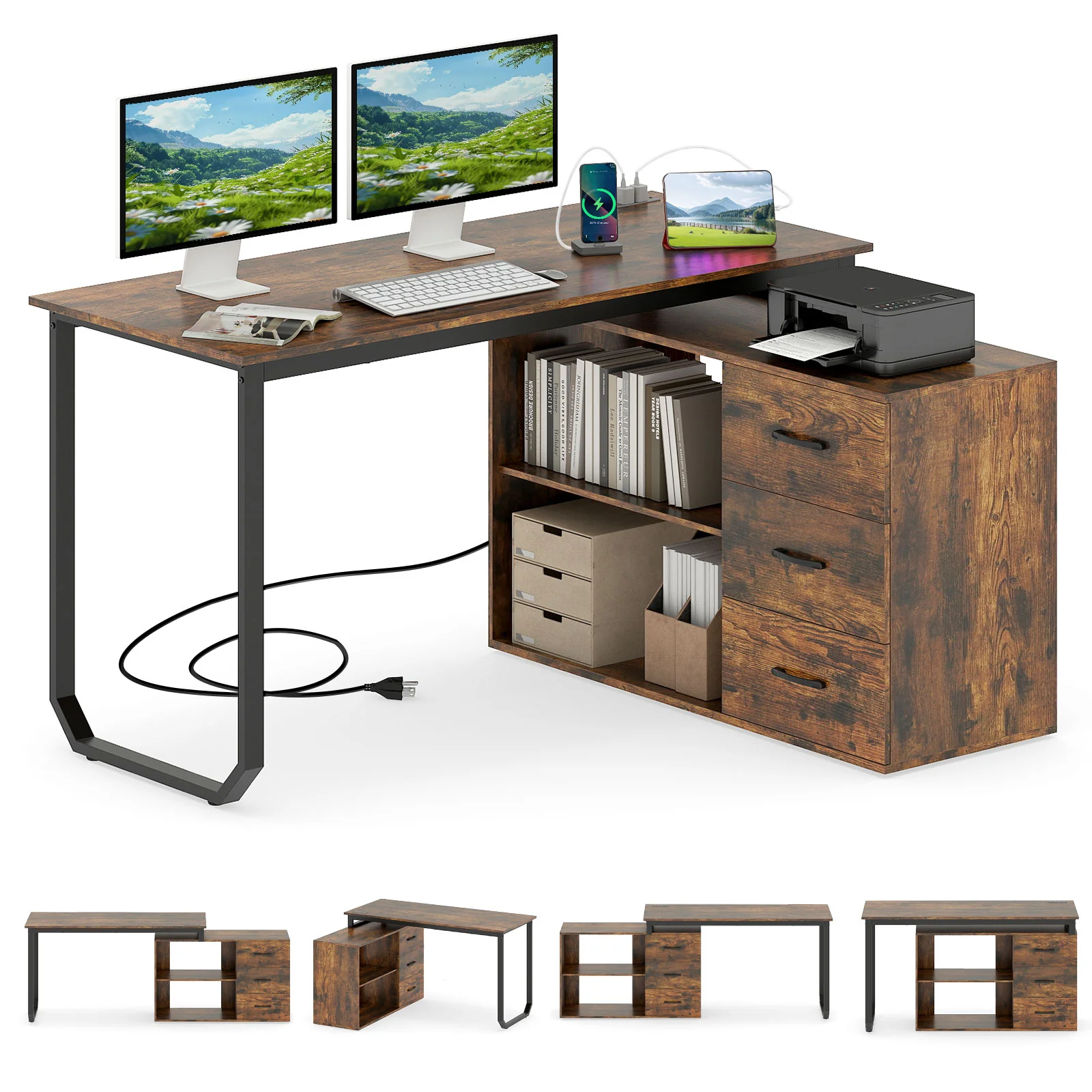 55 Inch Reversible L Shaped Desk with 3 Drawers Home Office Desk with Adjustable Shelf, Rustic Brown - Image 5