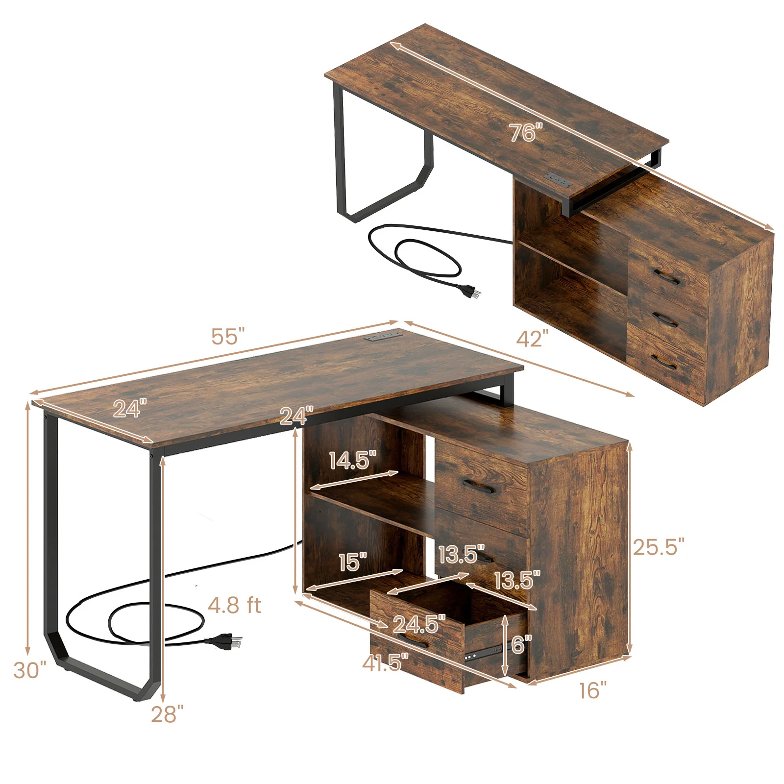 55 Inch Reversible L Shaped Desk with 3 Drawers Home Office Desk with Adjustable Shelf, Rustic Brown - Image 6