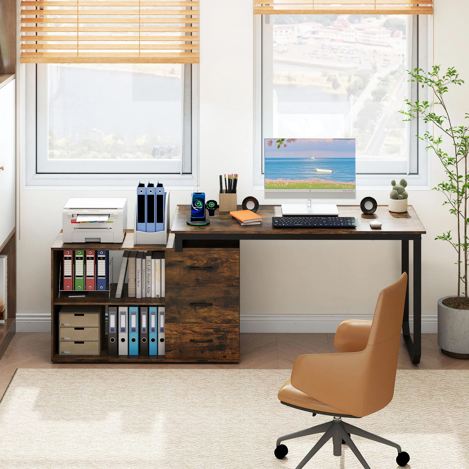 55 Inch Reversible L Shaped Desk with 3 Drawers Home Office Desk with Adjustable Shelf, Rustic Brown - Image 7