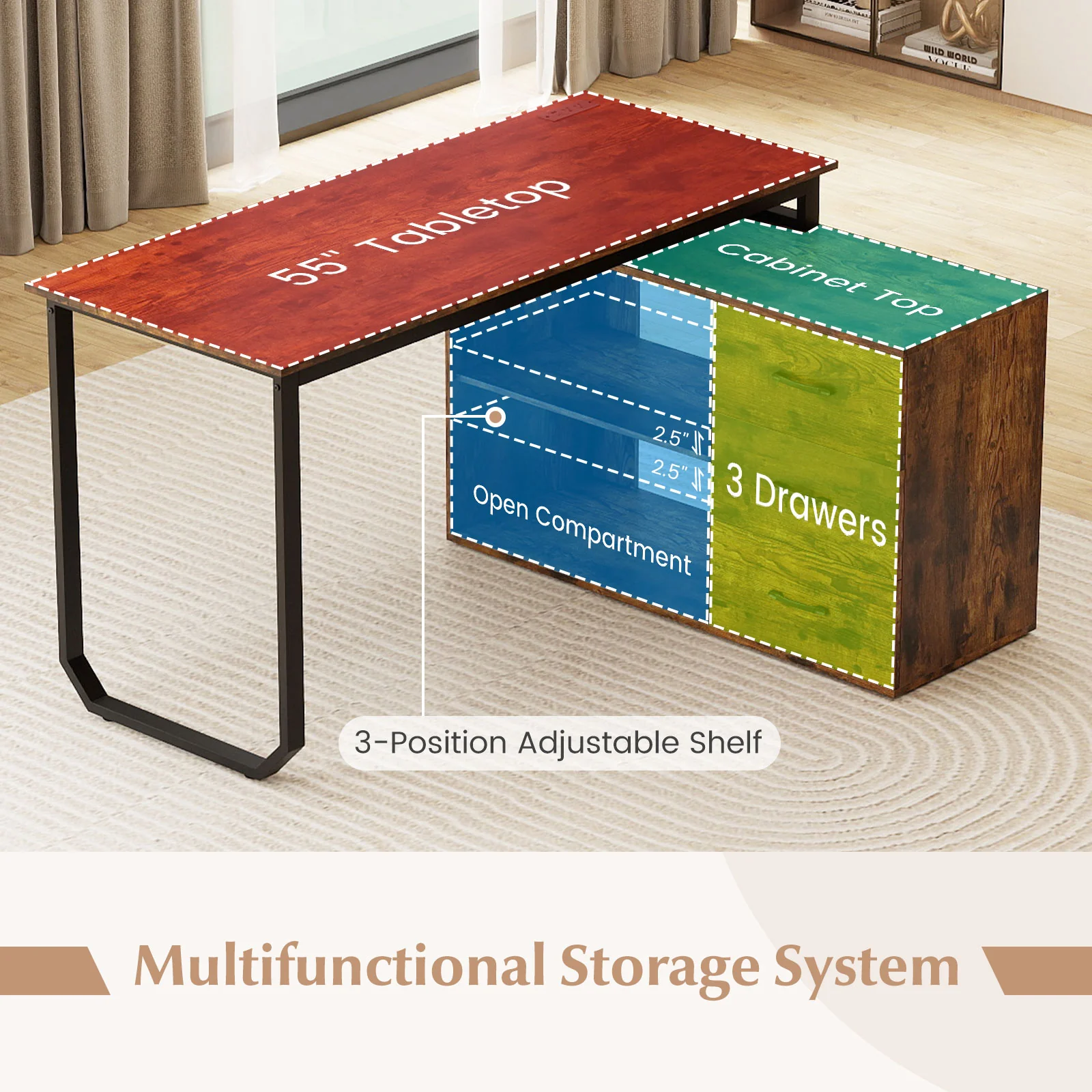 55 Inch Reversible L Shaped Desk with 3 Drawers Home Office Desk with Adjustable Shelf, Rustic Brown - Image 9