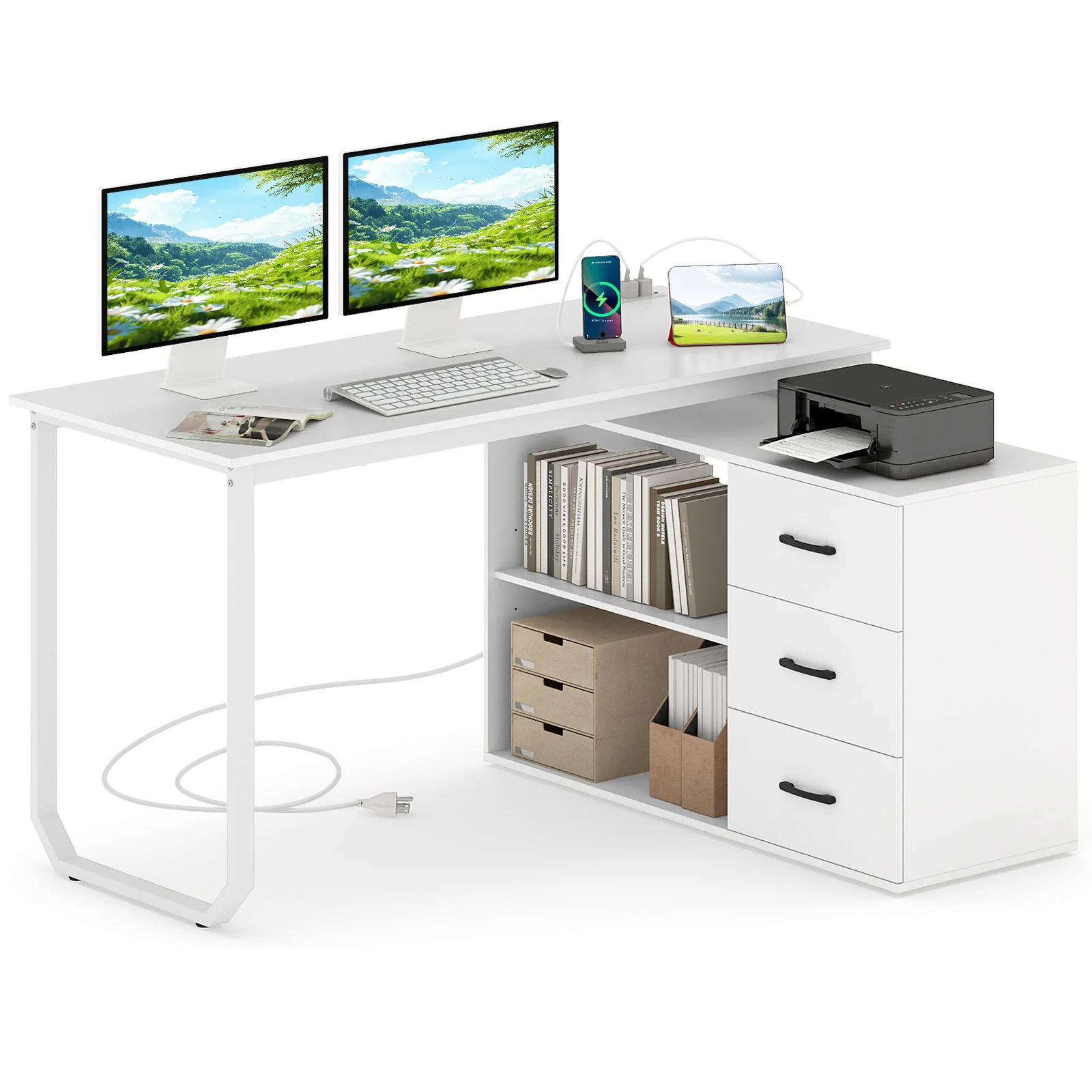55 Inch Reversible L Shaped Desk with 3 Drawers Home Office Desk with Adjustable Shelf, White