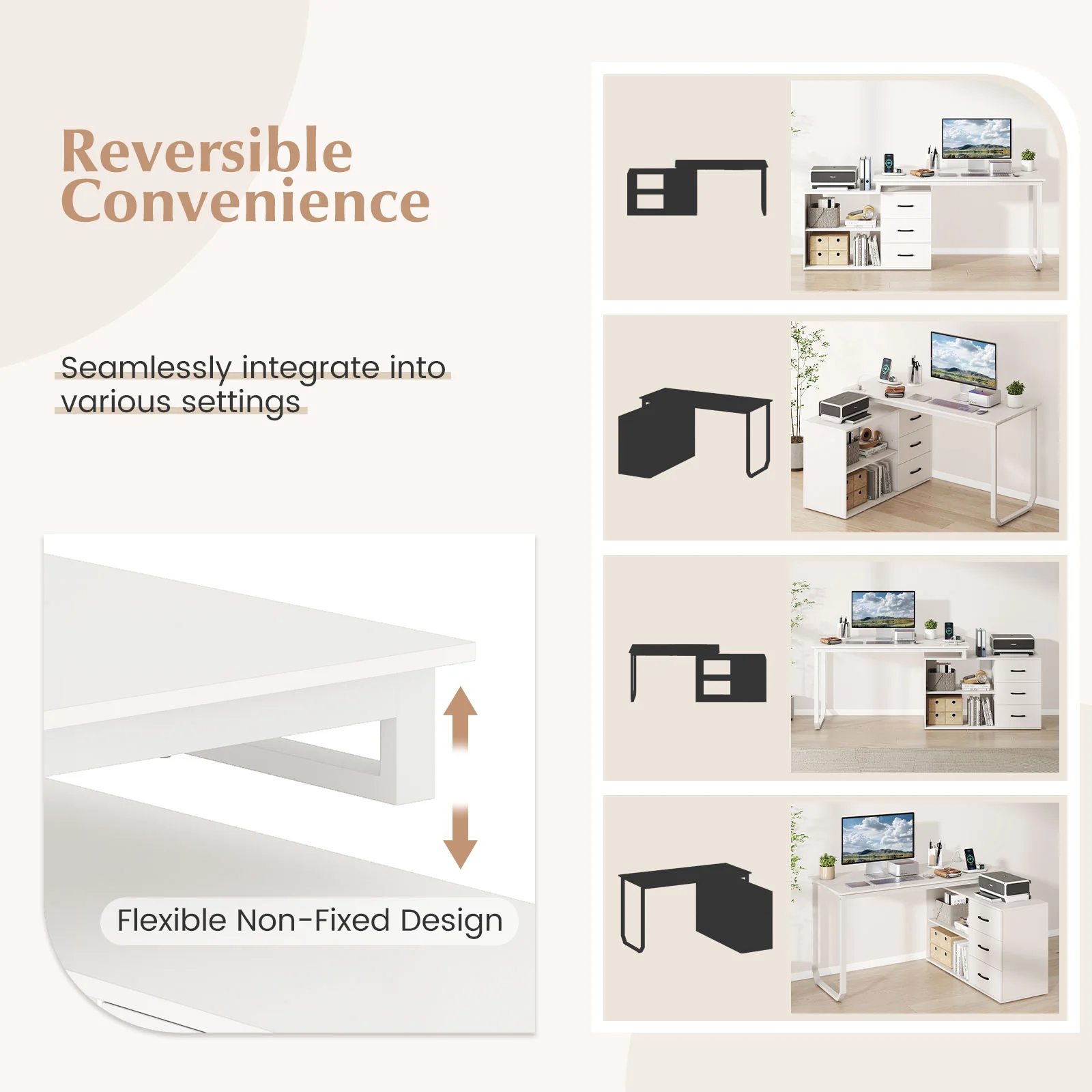 55 Inch Reversible L Shaped Desk with 3 Drawers Home Office Desk with Adjustable Shelf, White - Image 10