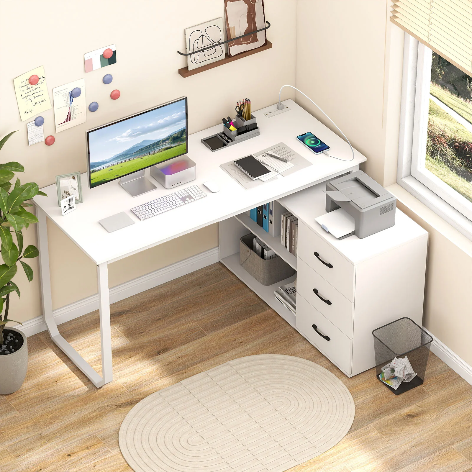 55 Inch Reversible L Shaped Desk with 3 Drawers Home Office Desk with Adjustable Shelf, White - Image 2