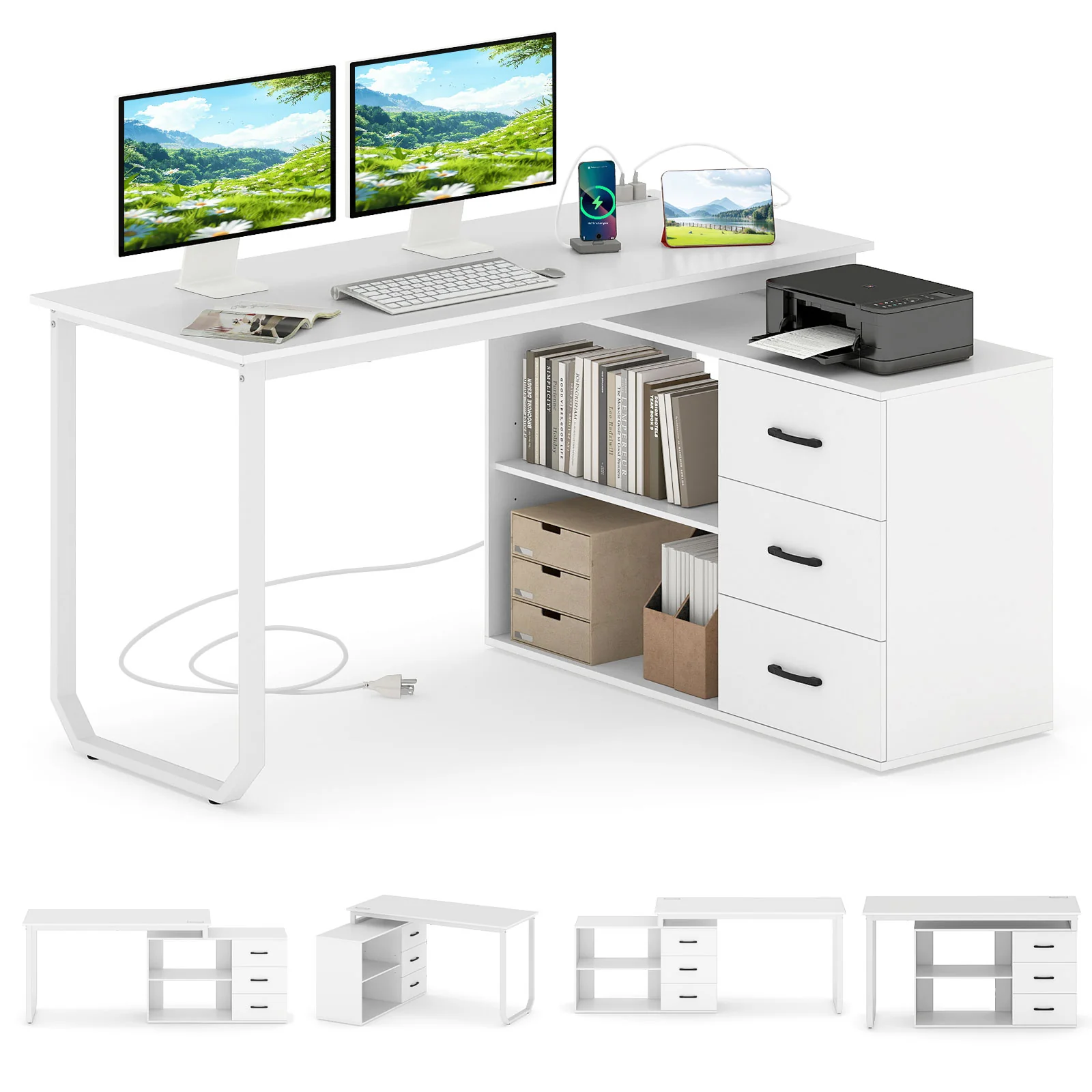 55 Inch Reversible L Shaped Desk with 3 Drawers Home Office Desk with Adjustable Shelf, White - Image 5