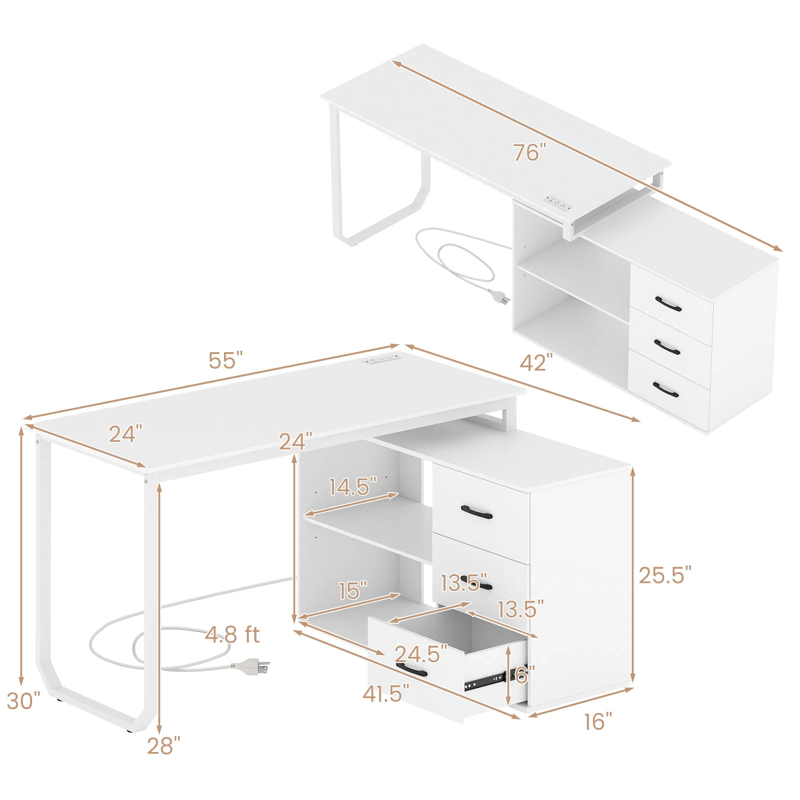55 Inch Reversible L Shaped Desk with 3 Drawers Home Office Desk with Adjustable Shelf, White - Image 6