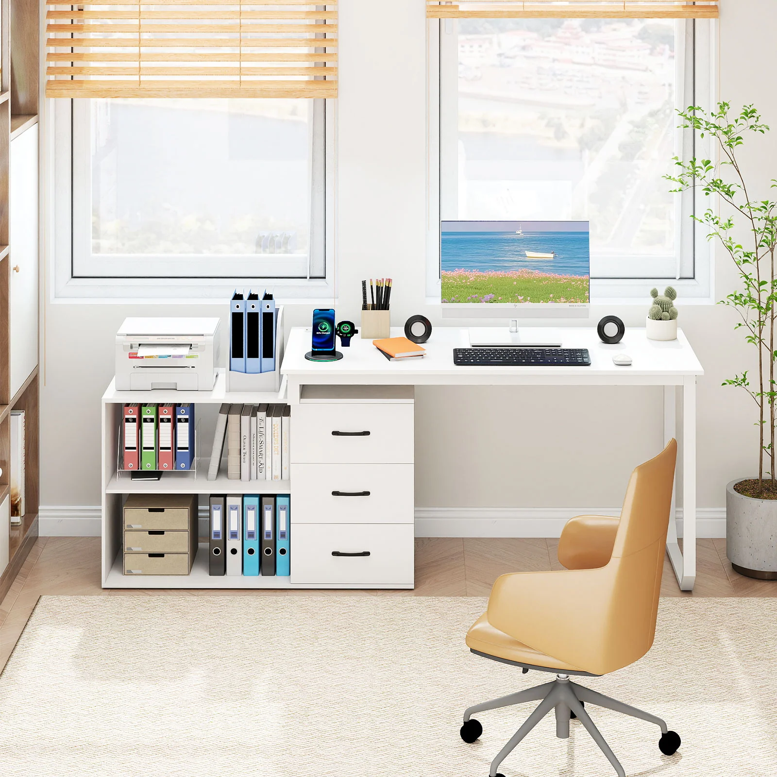 55 Inch Reversible L Shaped Desk with 3 Drawers Home Office Desk with Adjustable Shelf, White - Image 7