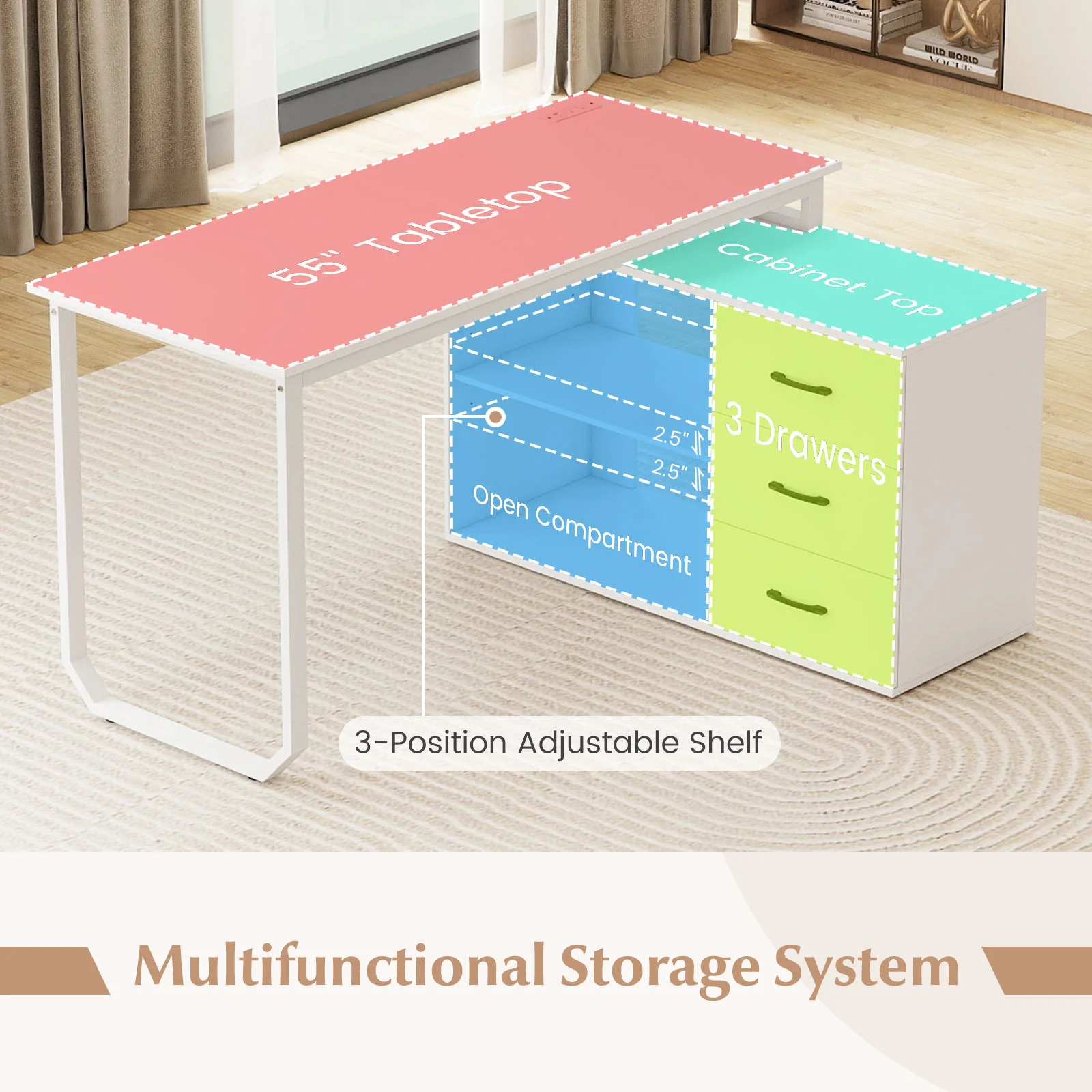 55 Inch Reversible L Shaped Desk with 3 Drawers Home Office Desk with Adjustable Shelf, White - Image 9