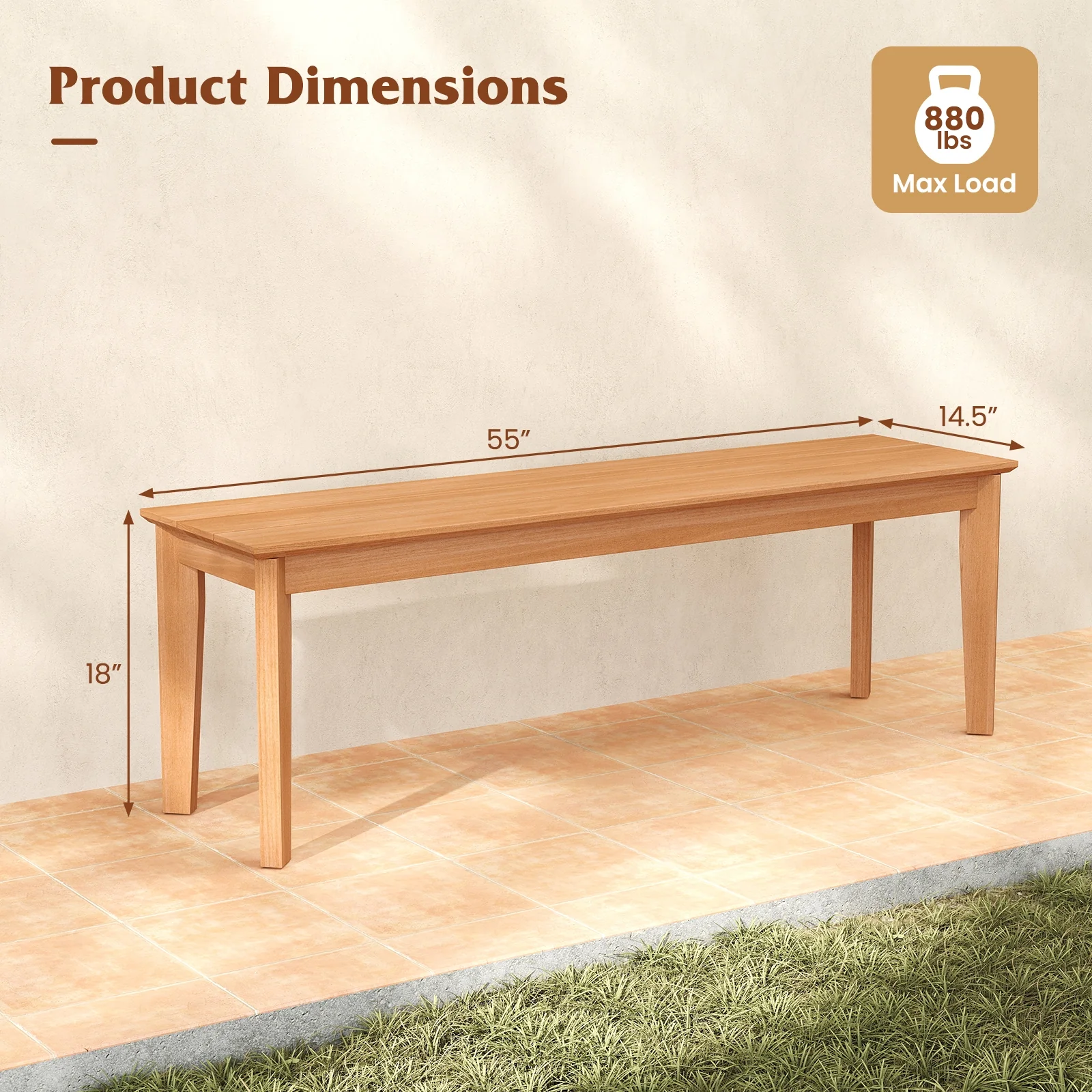 55 Inches Teak Wood Bench, 880 LBS Weight Capacity, Natural - Image 6