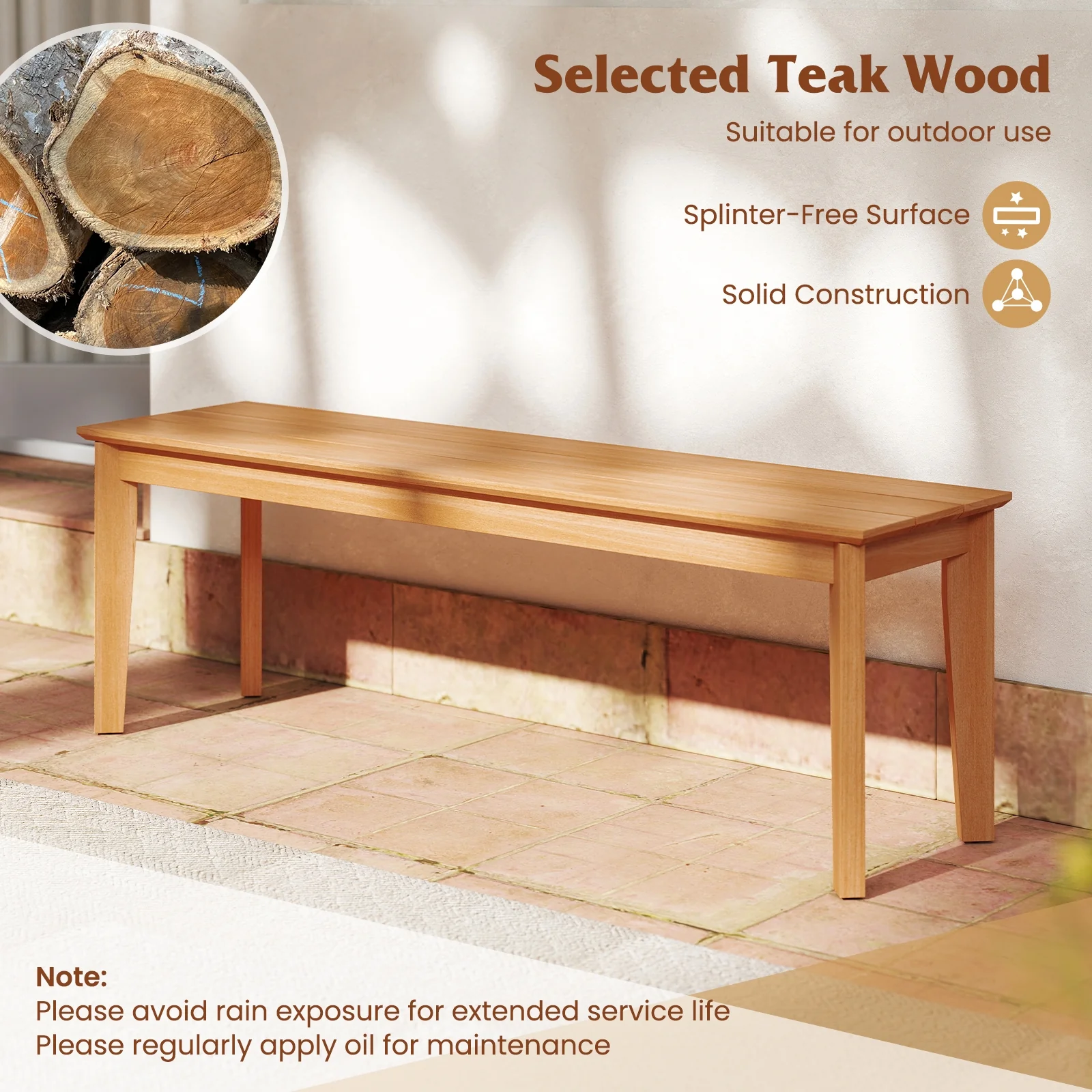 55 Inches Teak Wood Bench, 880 LBS Weight Capacity, Natural - Image 7