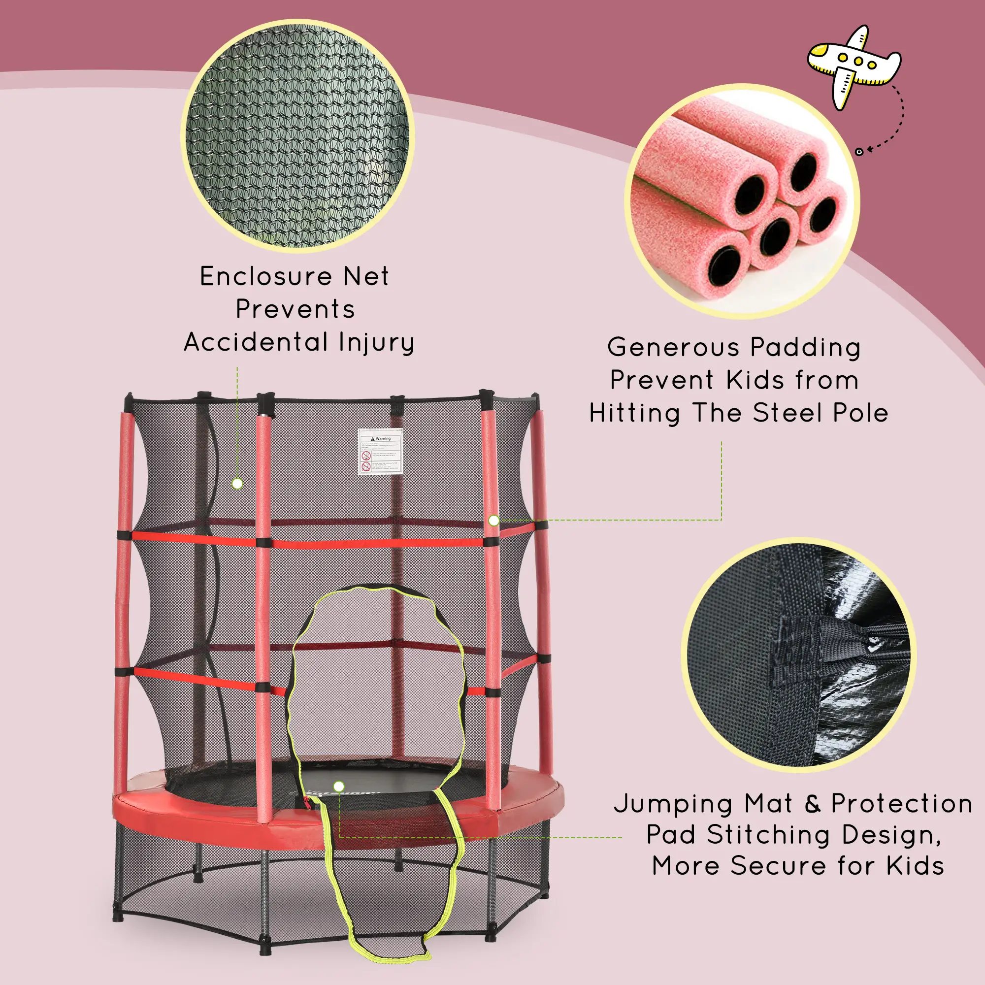 55" Kids Trampoline with Enclosure Net, Indoor/Outdoor, Age 3-6, Red - Image 6