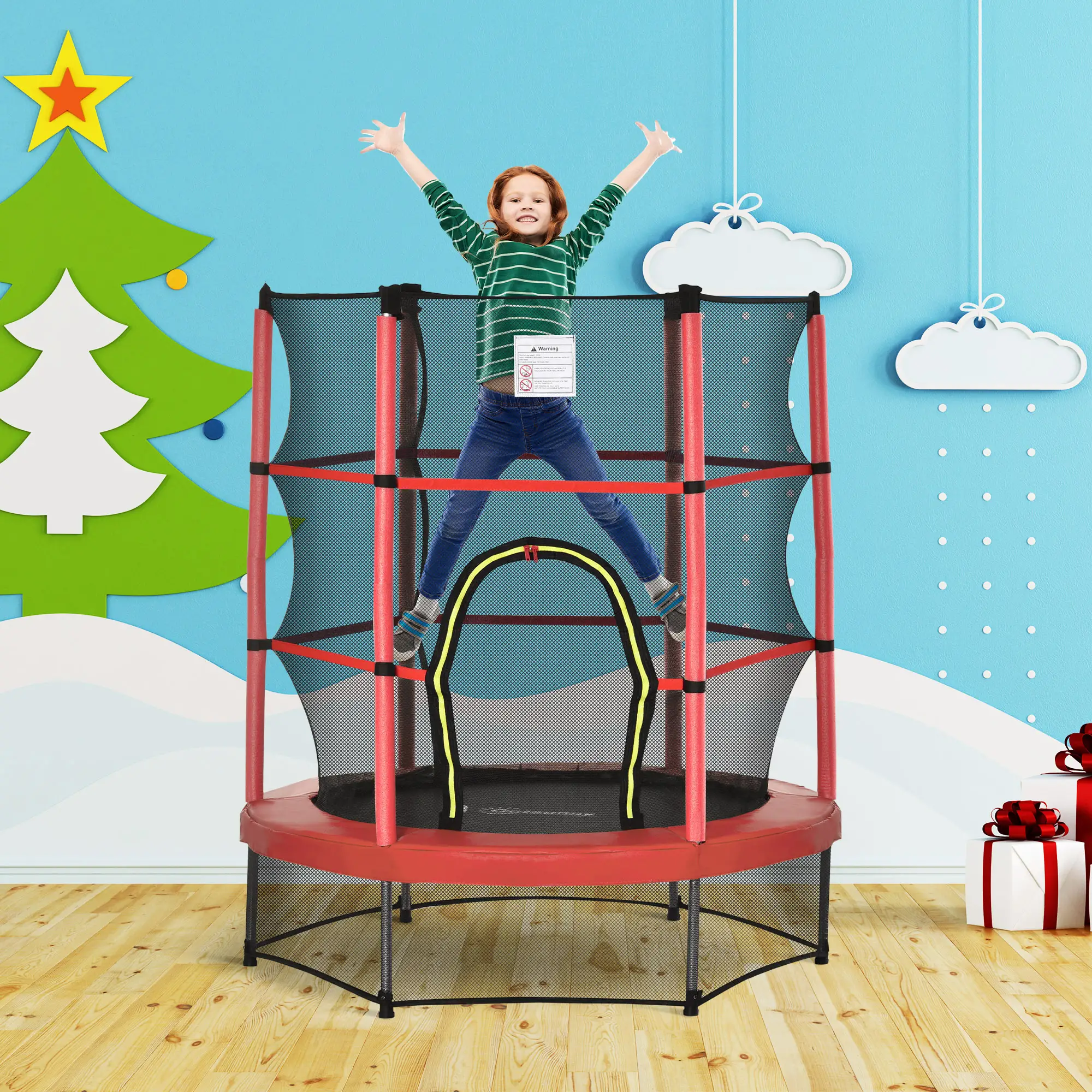 55" Kids Trampoline with Enclosure Net, Indoor/Outdoor, Age 3-6, Red - Image 8