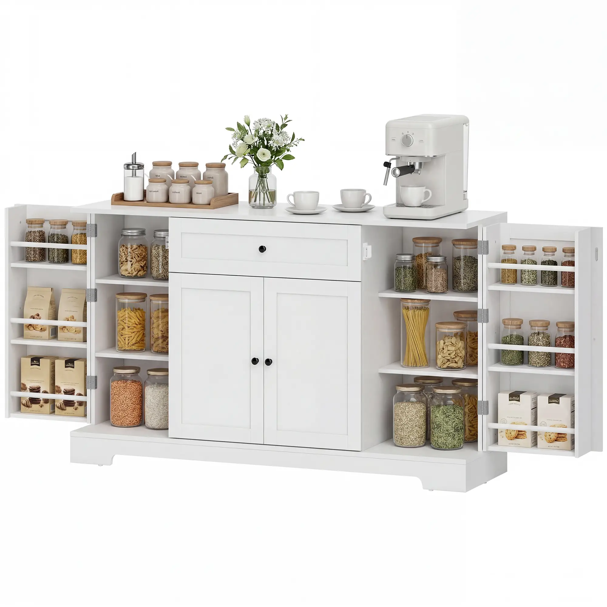 55" Kitchen Storage Cabinet With Drawer, Adjustable Shelves, White