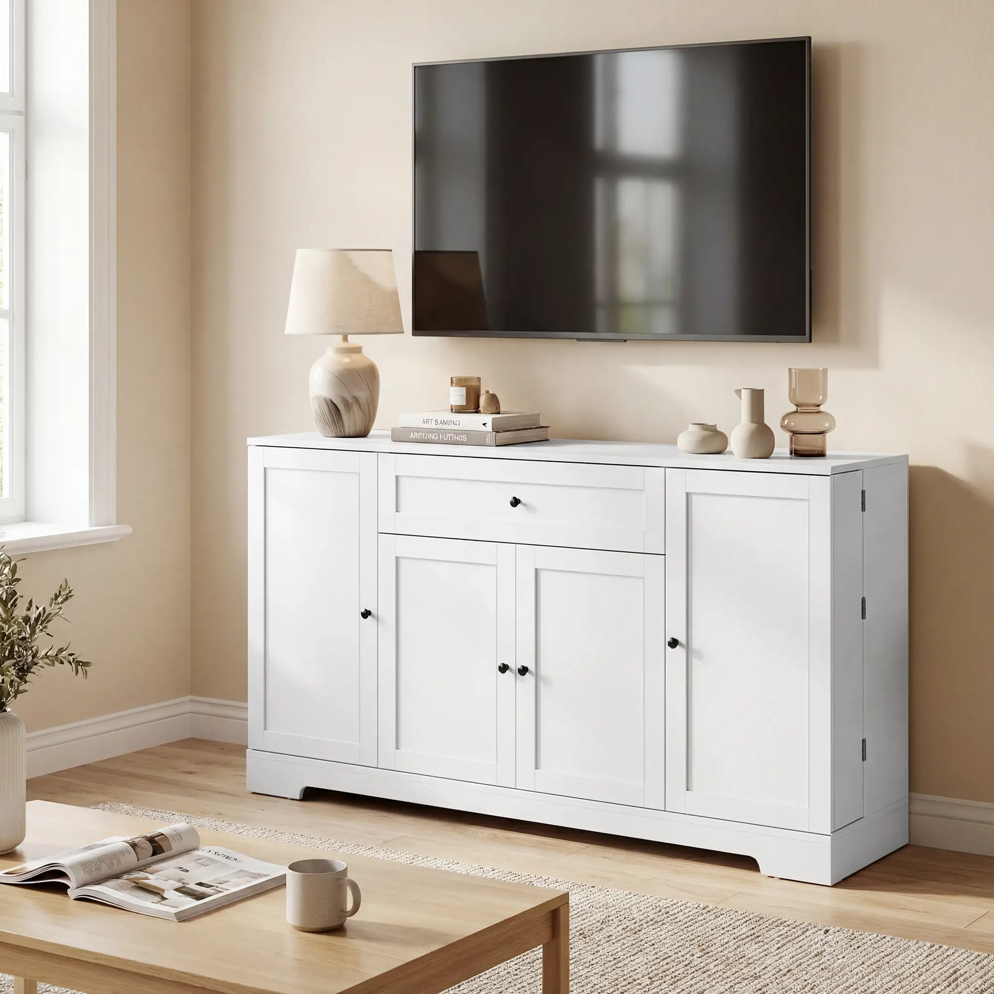 55" Kitchen Storage Cabinet With Drawer, Adjustable Shelves, White - Image 10