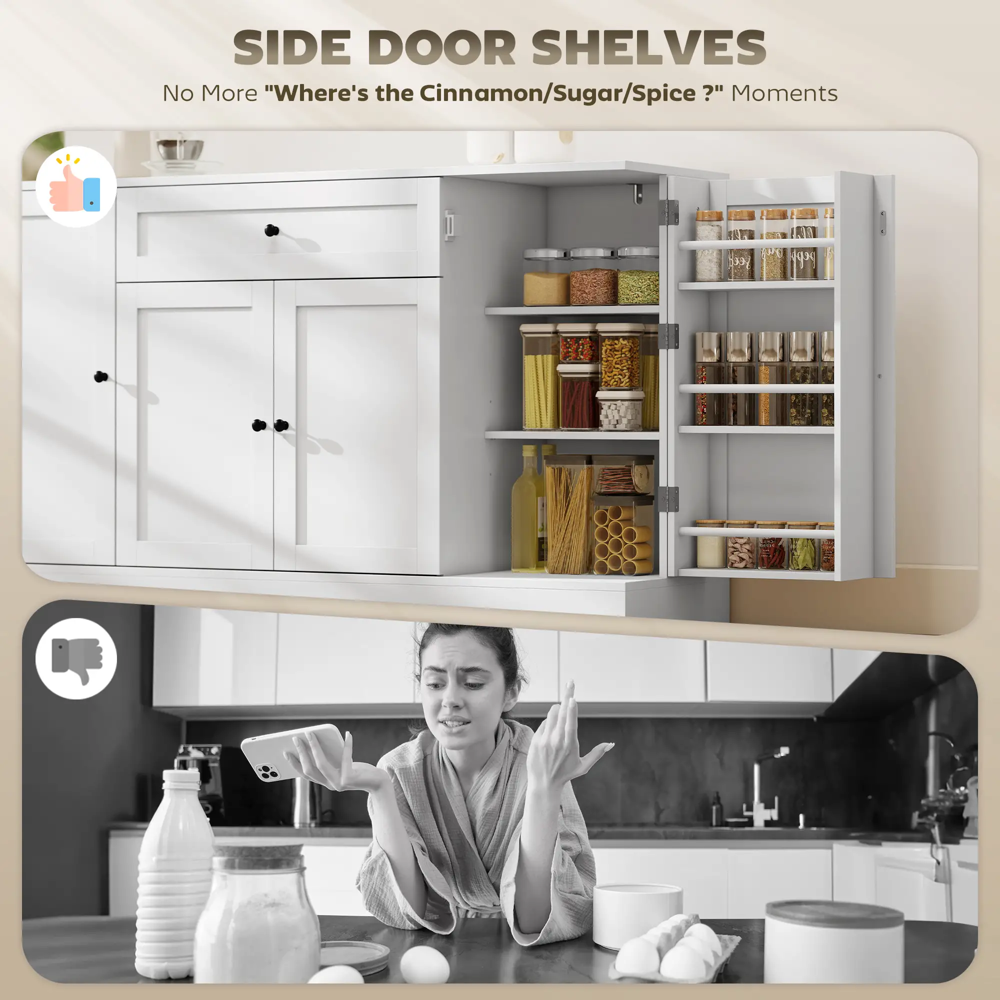 55" Kitchen Storage Cabinet With Drawer, Adjustable Shelves, White - Image 5