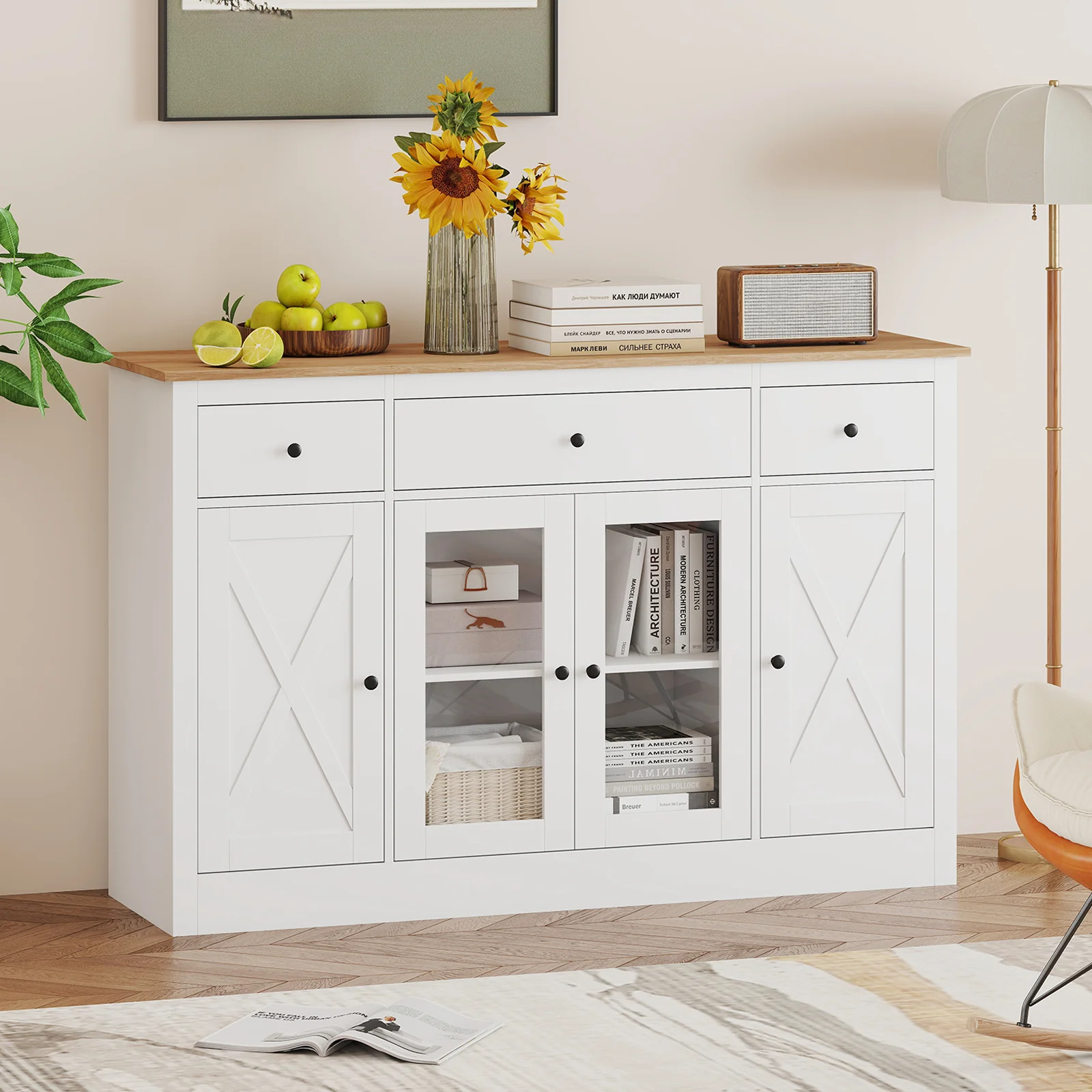 55" Large Buffet Sideboard Kitchen Storage Cabinet with 3 Drawers 2 See-through Doors Adjustable Shelves Wine Bar Table, White - Image 2