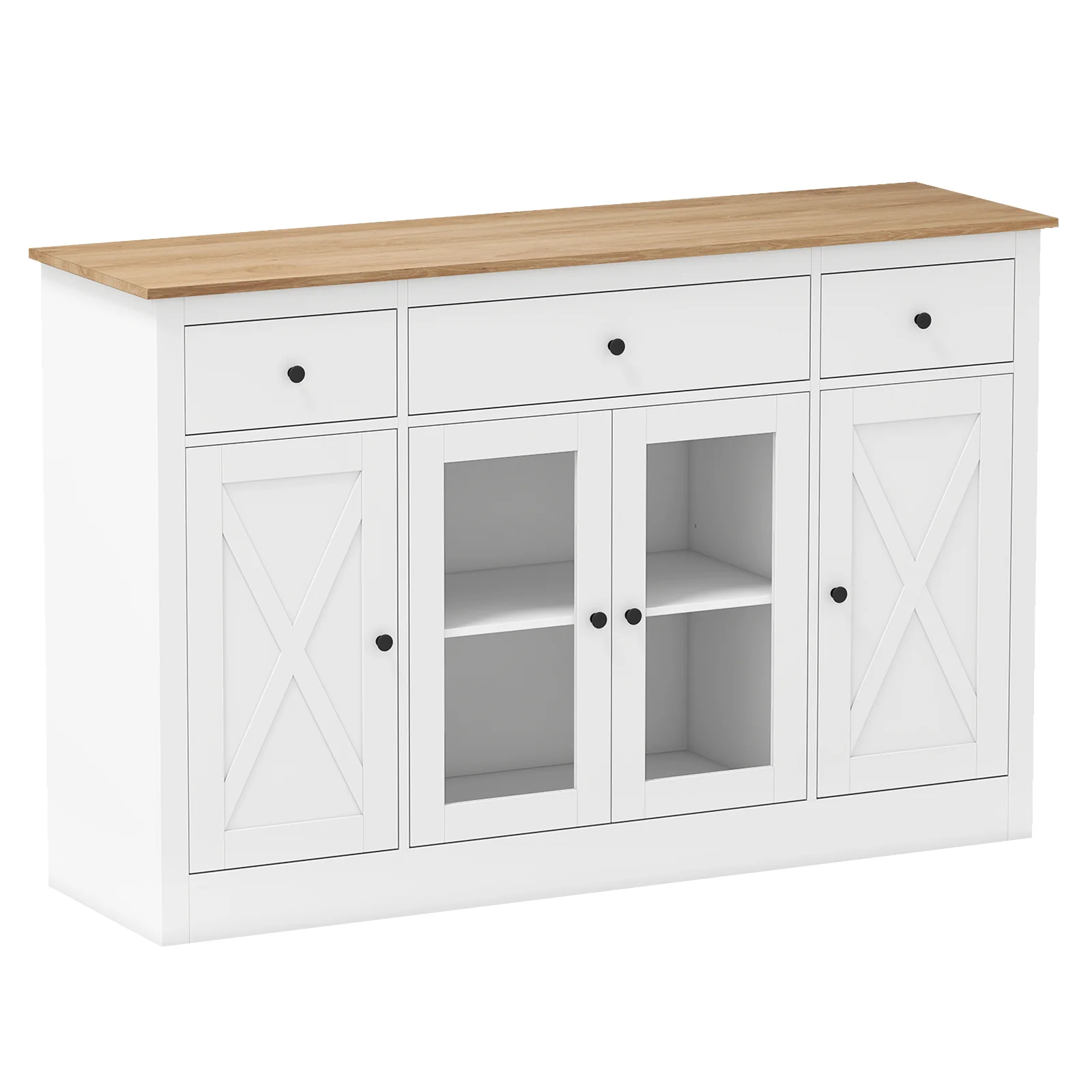 55" Large Buffet Sideboard Kitchen Storage Cabinet with 3 Drawers 2 See-through Doors Adjustable Shelves Wine Bar Table, White - Image 4