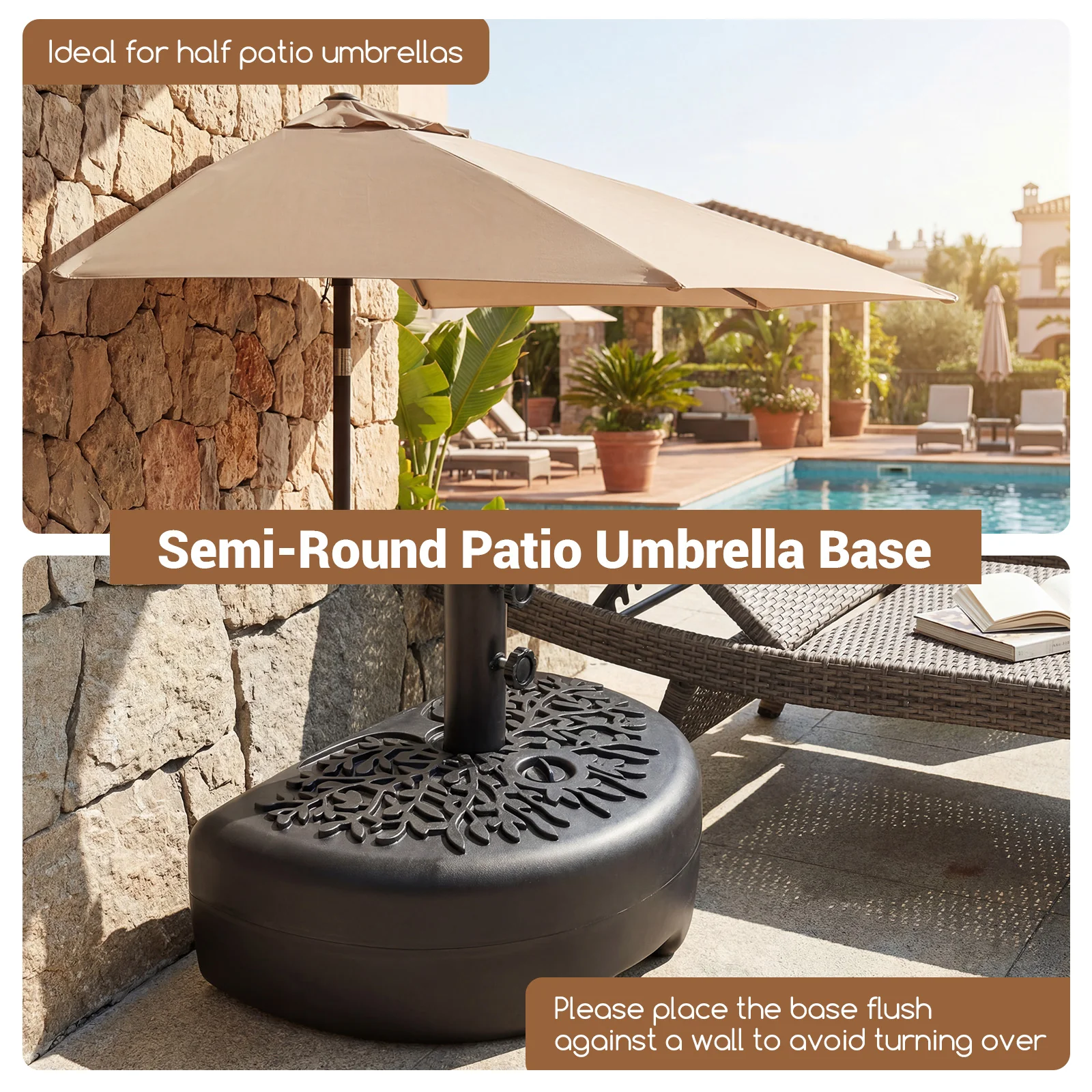 55 LBS Half Round Patio Umbrella Base  for Deck Lawn Poolside, Black - Image 7